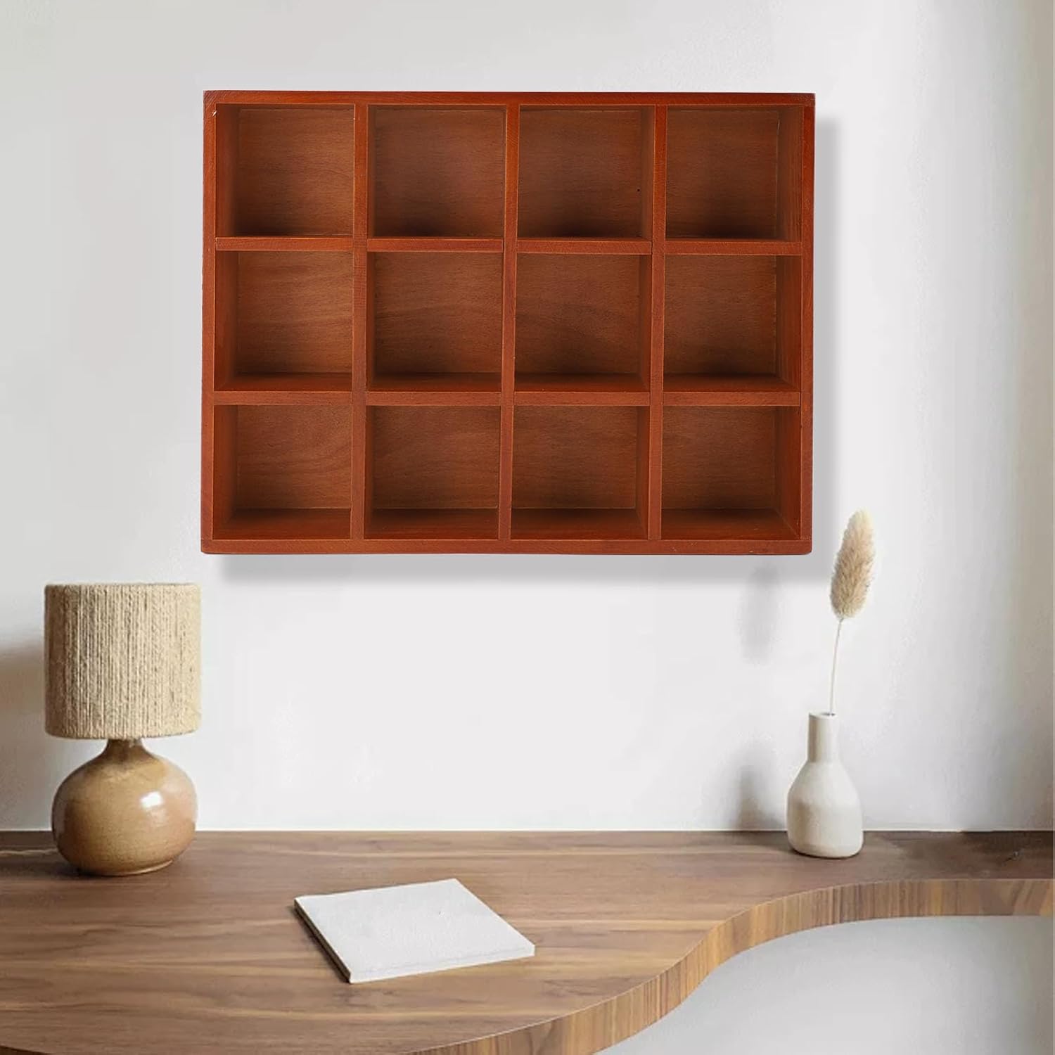 AYNEFY 12 Slot Wood Display Cabinet, Vintage Tabletop Storage Cabinet with Multiple Compartments, Stationery and Office Supplies Holder Wooden Floating Shelves for Display Home Decor