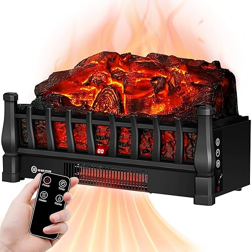 Electric Fireplace Log Insert Heater with IR Remote Control, up to 1500W Heating, 5 Flame Brightness Levels, 24-Hour Timer, Overheat Protection, Suitable for Home and Office Decoration, Black