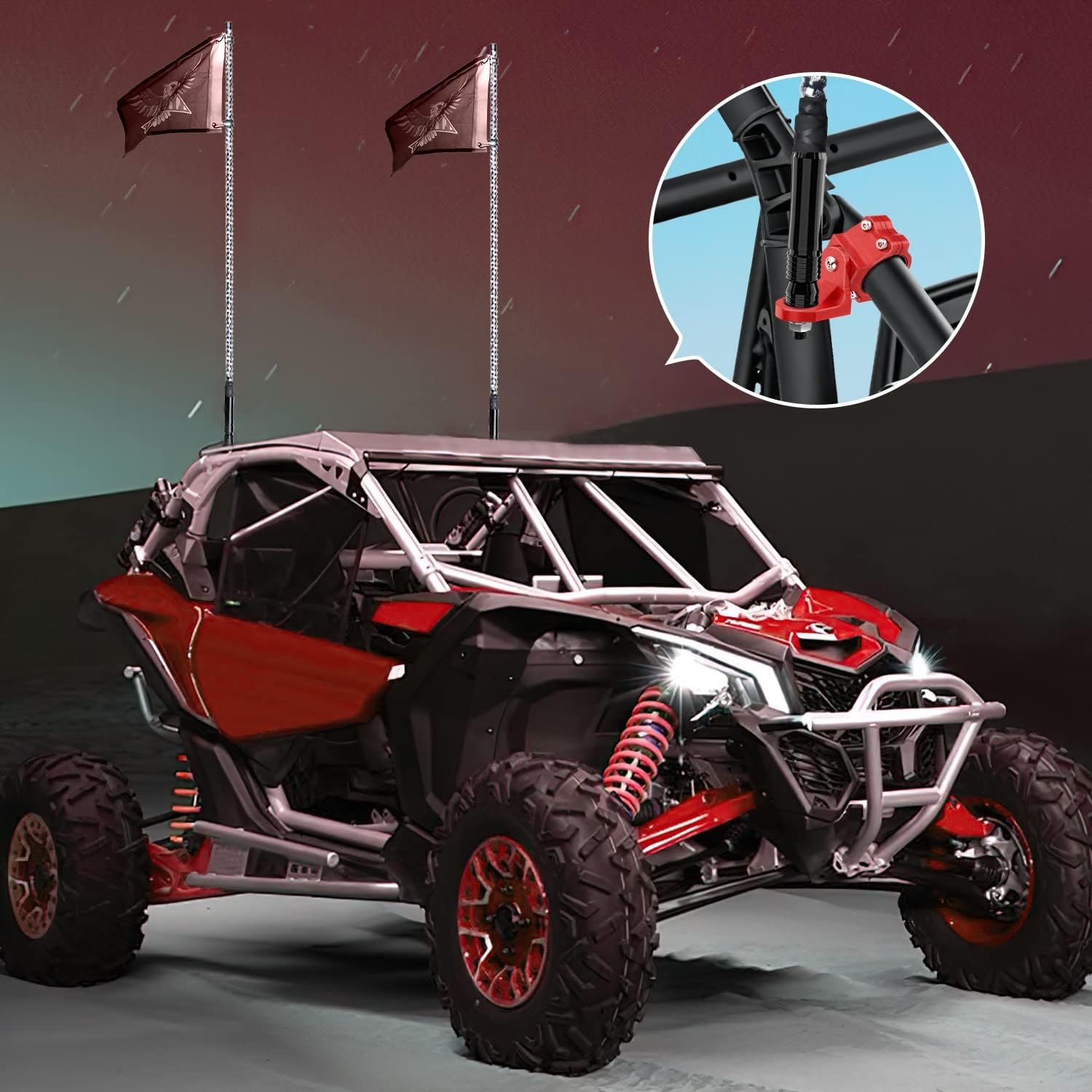 Nilight UTV Flag Antenna Mount Whip Light Mounting Bracket Red Adjustable Heavy Duty for 1.5" to 1.75" and 1.75" to 2" for Polaris RZR Ranger Can Am Maverick X3 Talon