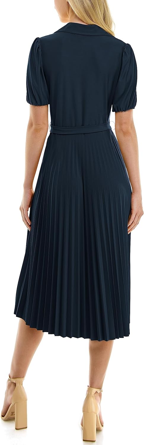 Sharagano Womens Monaco Stretch Ity Dress with Pleated Skirt and Collared Neck - Image 3