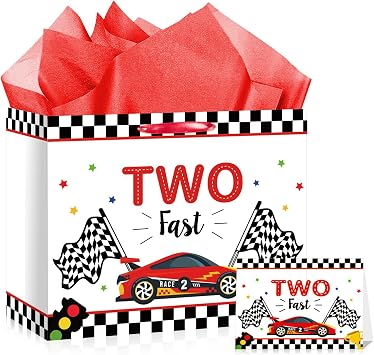 Woosytoo Two Fast Birthday Gift Bag for Boys Happy 2nd Birthday Gift Bag Race Car Party Favor Bag with Paper and Greeting Card for Boys 2 Year Old Bday Party Baby Shower Supplies