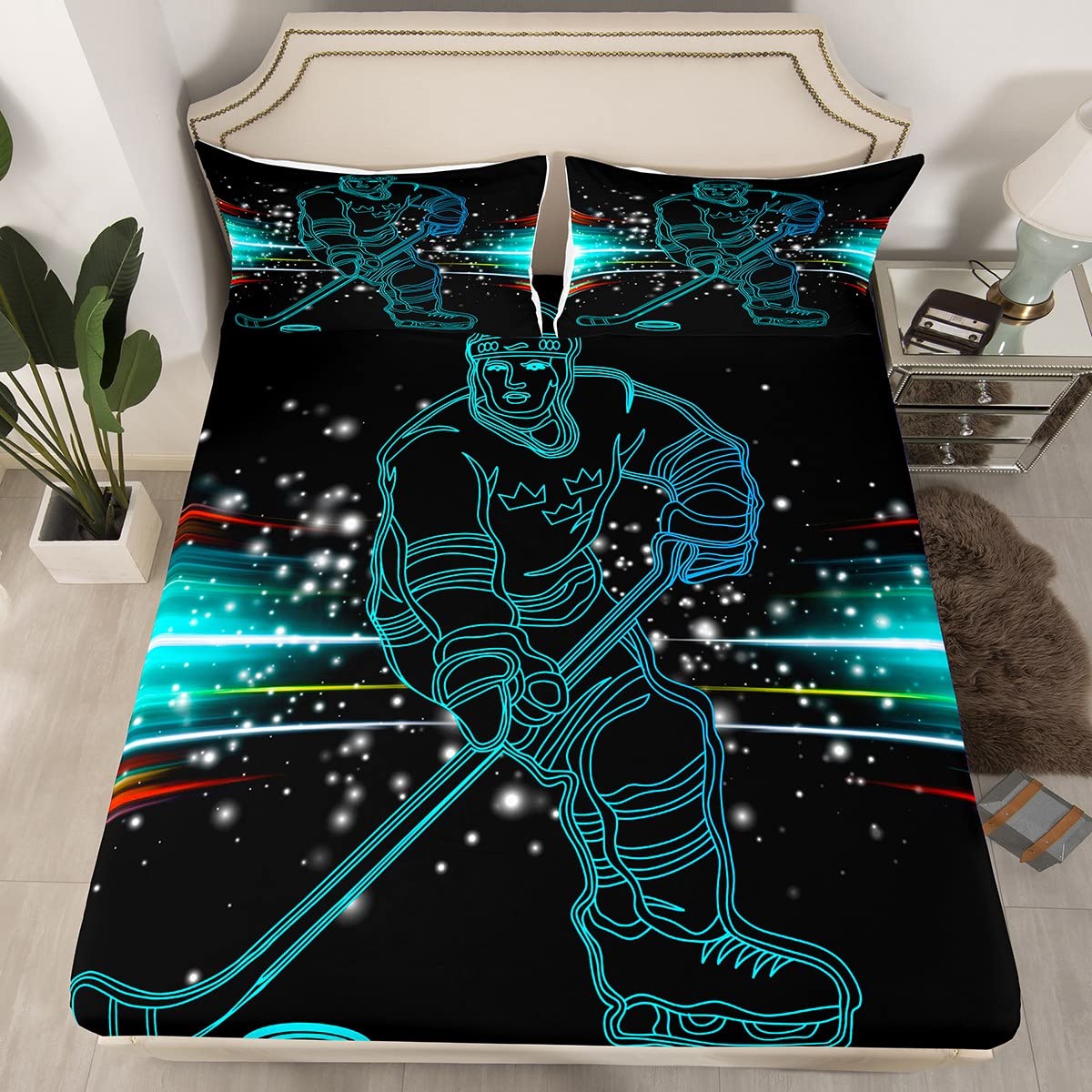 Set di lenzuola da hockey su ghiaccio, per bambini, giocatore di hockey e hockey punk, set di biancheria da letto per ragazzi, ragazze, uomini, sport invernali, in microfibra, morbido, verde, con gri