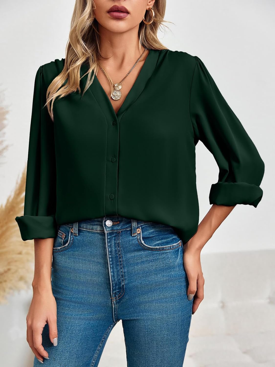 Women's Business Casual Tops Summer Long Sleeve Button Down Shirts V Neck Chiffon Blouses - Image 4