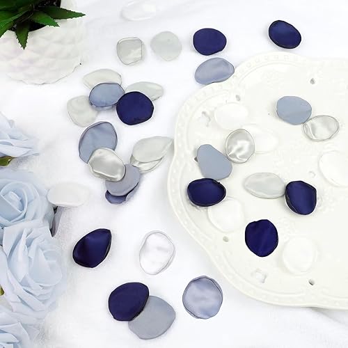 Vista 12 de Emivery 300 pétalos de rosa falsos, pétalos de flores artificiales, color rosa y azul marino, pétalos de rosa rosa y azul marino para boda, cesta