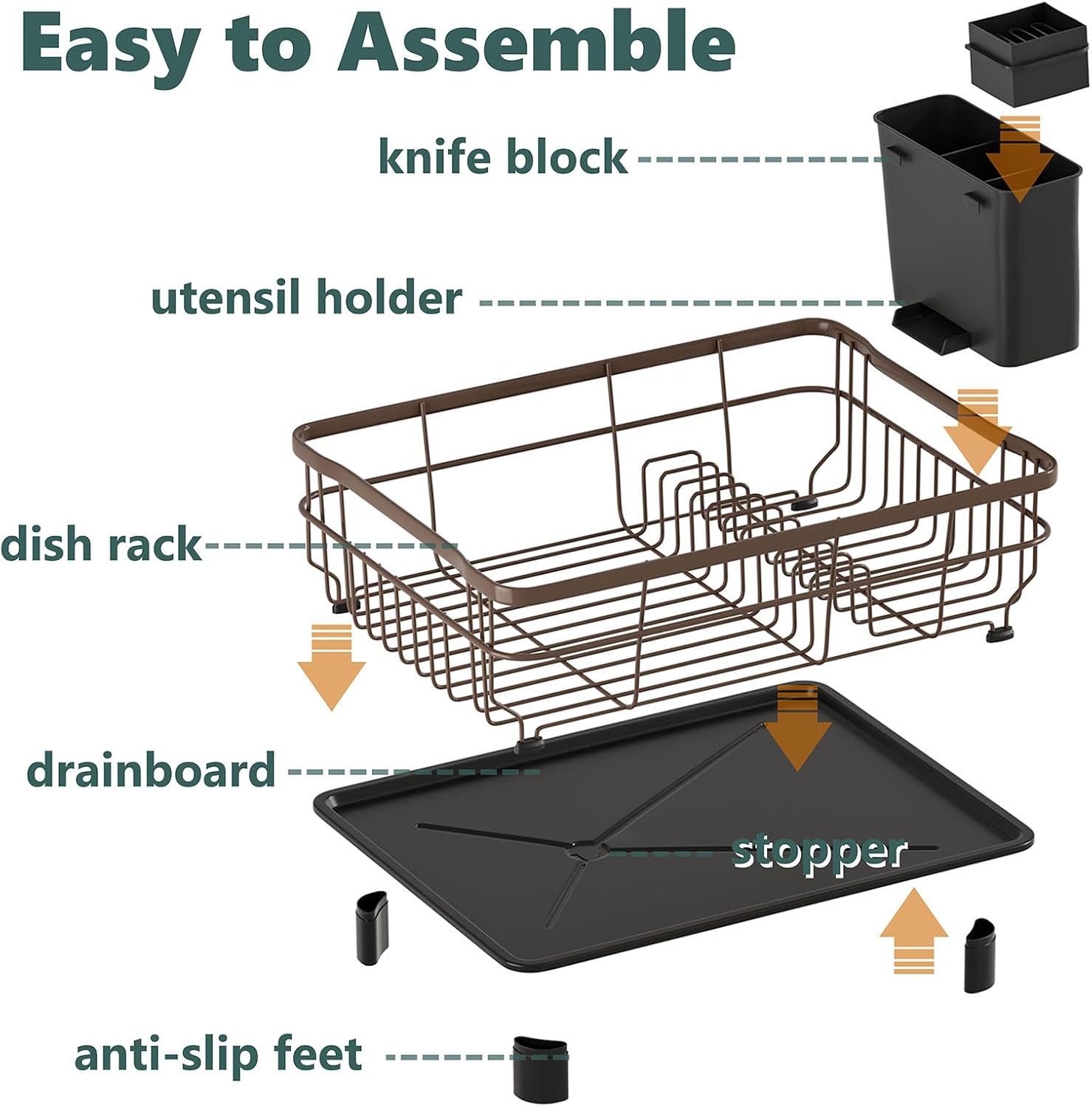 Iron Dish Drying Rack with Drainboard Dish Drainers for Kitchen Counter Extendable Spout Strainers with Utensil Holder and Knife Slots, White