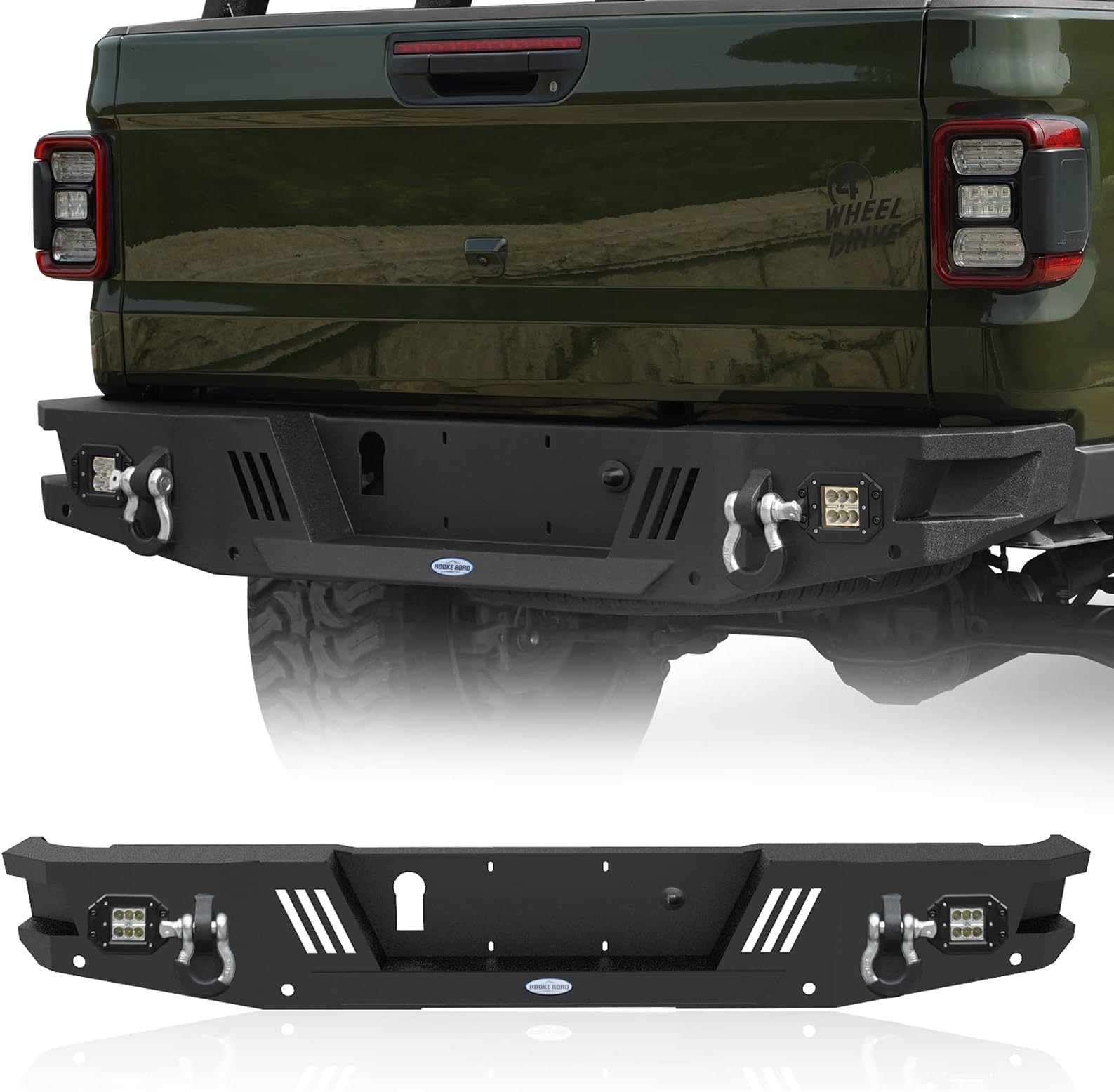 Hooke Road Heavy Duty Rear Bumper w/LED Lights & D-Rings for Jeep Gladiator JT 2020-2026 Sport Willys Overland Rubicon Mojave All Models