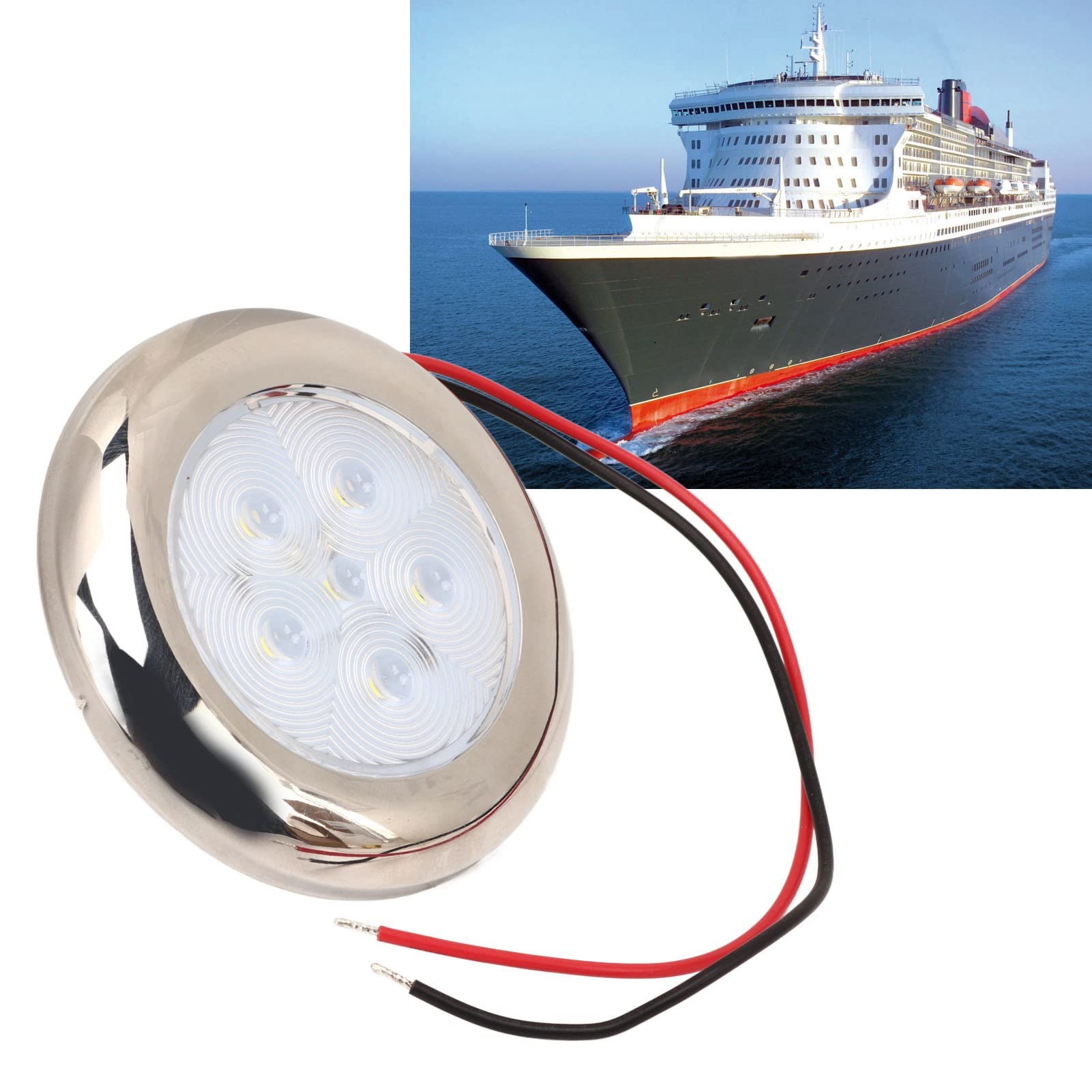 Luz de Techo de 12 V, Luz de Techo Impermeable IP65, Panel de Luz de Anillo de Acero Inoxidable 316 con 6 Chips LED para RV, Barco, Camper, Furgoneta, Remolque de Viaje, Camión