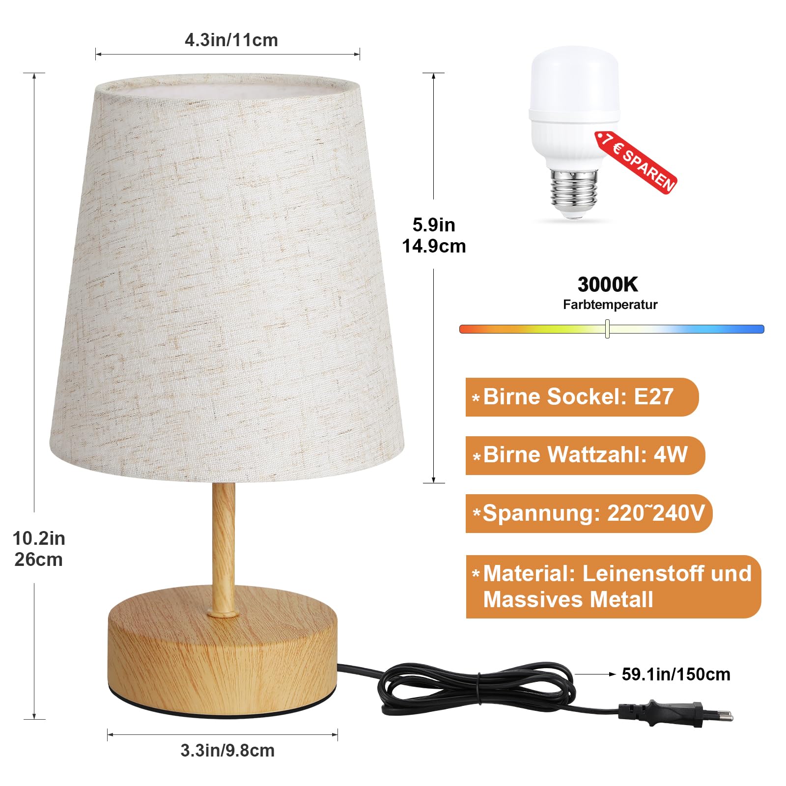 Lámpara de noche táctil (2 unidades, con puertos de carga USB-C+A, intensidad variable de 3 vías, pantalla de lino, pequeña lámpara de mesa para dormitorio, sala de estar infantil, oficina