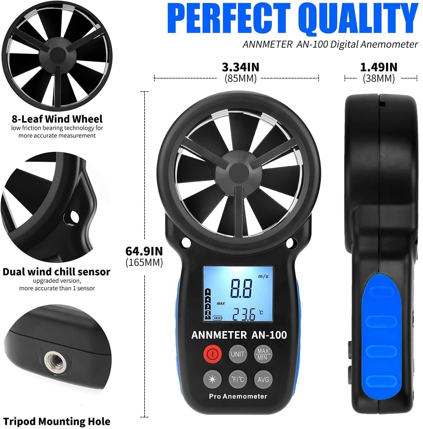 Anemómetro Digital AIOMEST AI-100 Medidor Velocidad Viento Portátil con Temperatura