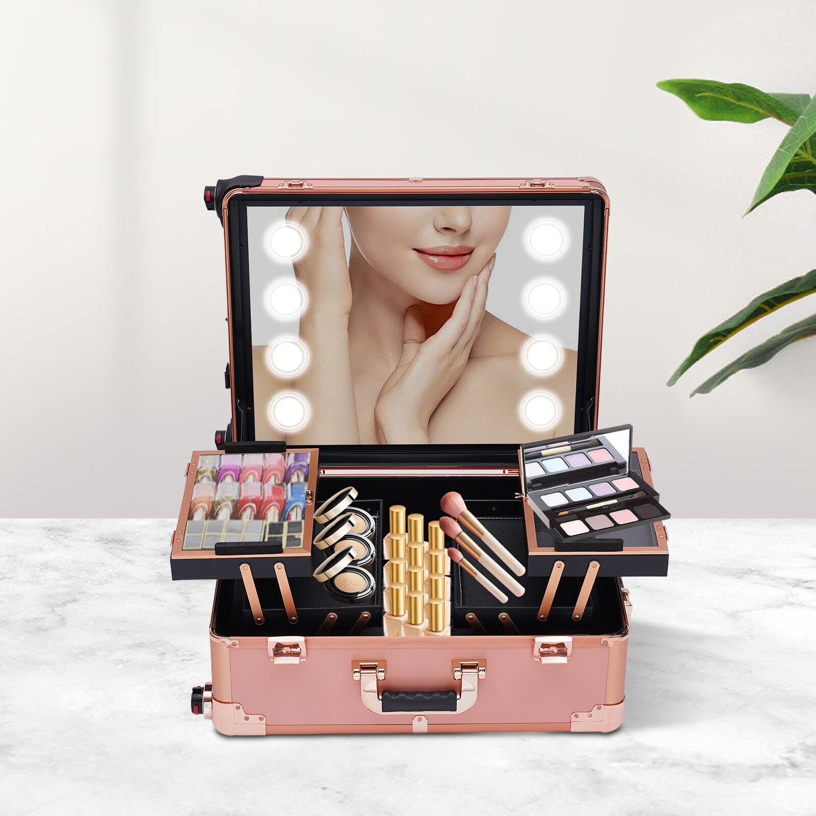 Valise Rolling Maquillage avec LED Miroir Éclairé Professionnel Hauteur réglable Aluminium Coffre À Maquillage et Bluetooth Valise De Maquillage Trolley pour Maquilleur，Esthéticiennes