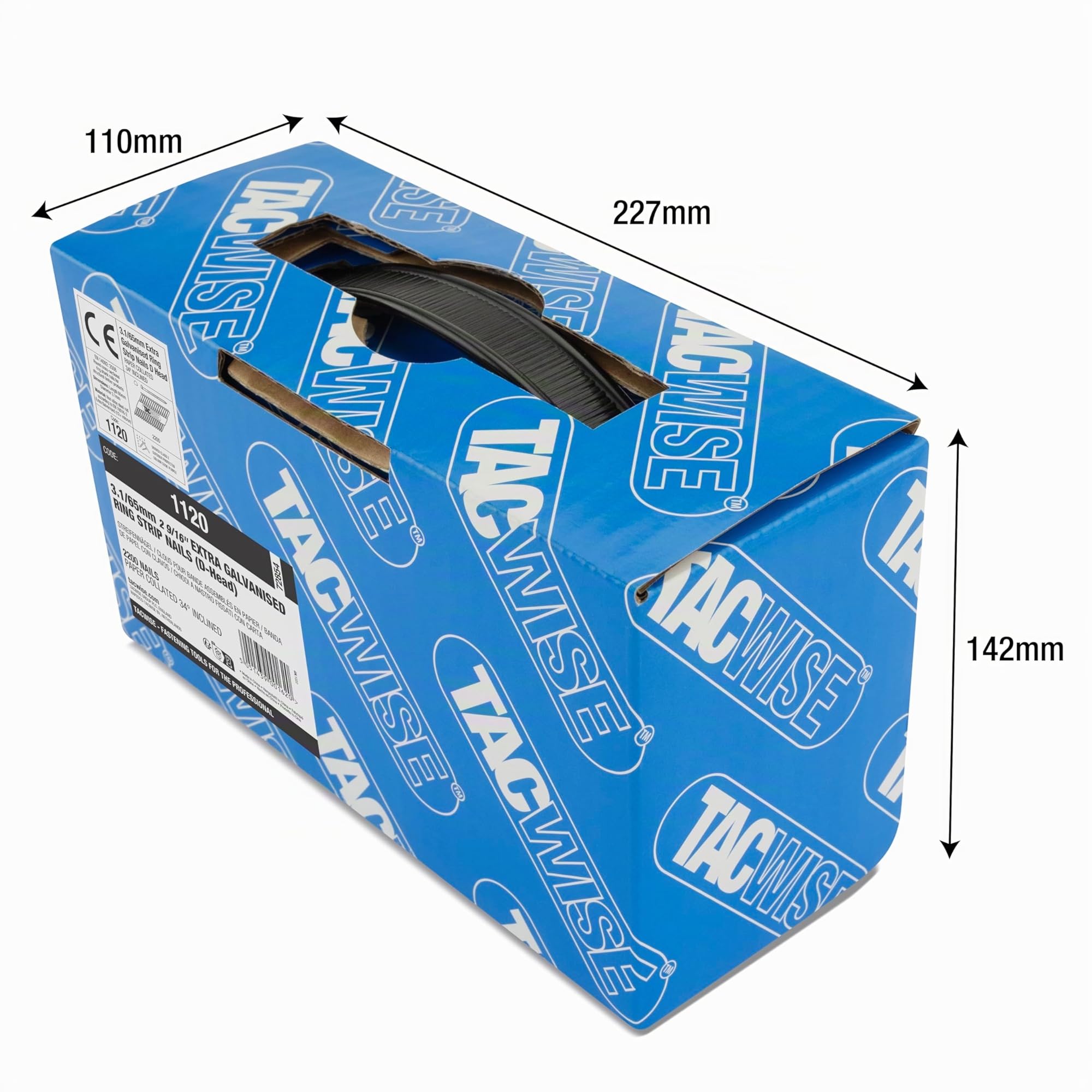 Tacwise 1120 Extra Verzinkte Rahmennägel 3,1 / 65 mm, D‘-Kopf, Ringschaft, mit 34° Neigung, Papiergebunden, Packung mit 2200 Stück