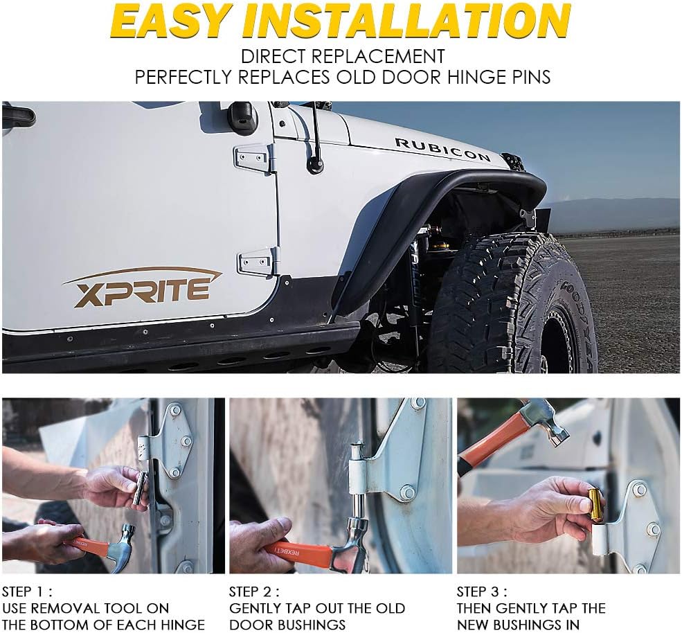 Xprite Door Pin Guides and Hinge Liners, Brass Door Bushing Removal Tool Compatible with Jeep Wrangler JK JKU 2007-2018 & 2018-2025Jeep Wrangler JL JLU JT -8PC