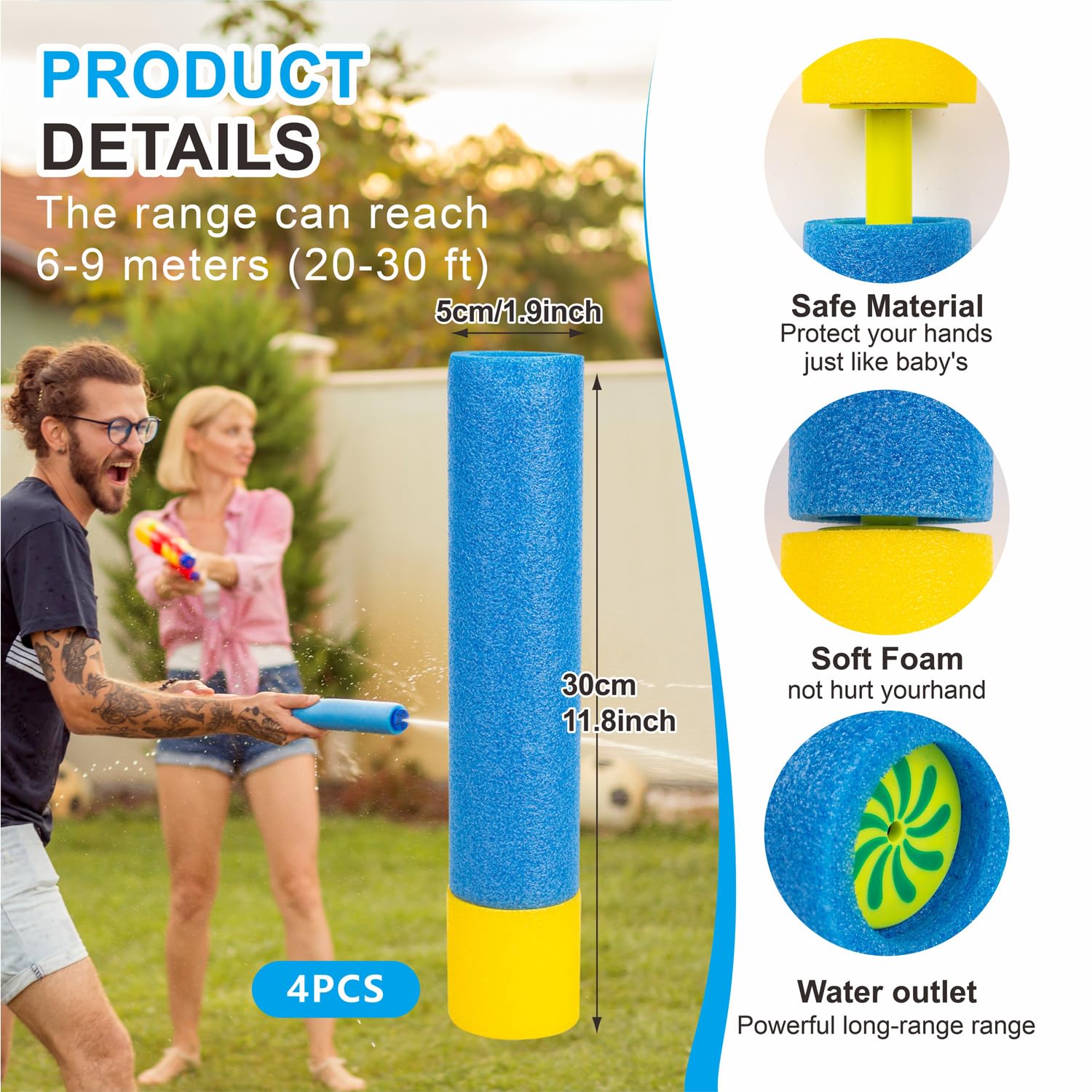 4pcs Foam Water Guns Water Pistols for Kids Water Blaster Shooters Push Pull Type Foam Water Squirter Water Gun Summer Outdoor Beach Pool Water Toys for Kids Toddlers Boys Girls - Image 2