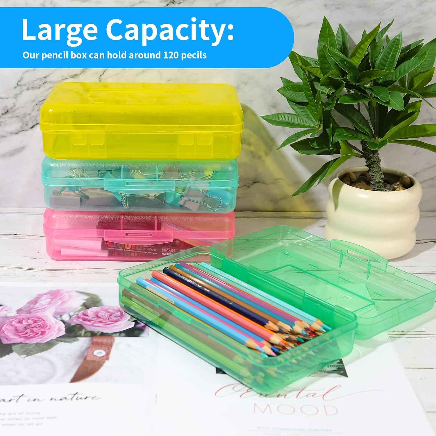 36 Pack Extra Large Pencil Box Bulk, Plastic Pencil Case Organizer with Durable Lid - Stackable Crayon & Marker Storage Containers for, Art Supplies, Craft, Office (Multicolor)