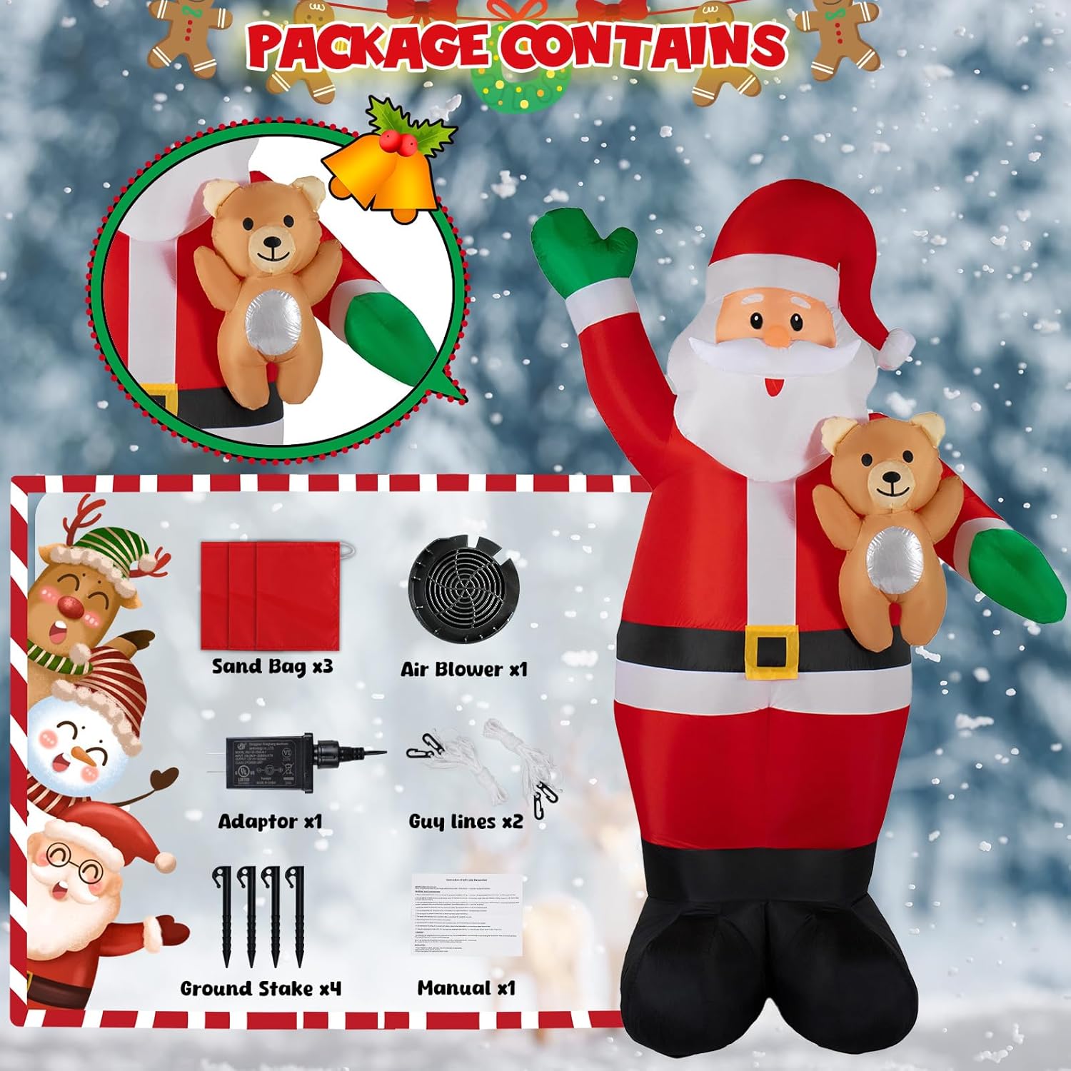 8.5FT Inflatable Christmas Santa with LED Lights & Bear, Outdoor Christmas Blow Ups for Yard Holiday Party Garden Lawn, All-Weather Waterproof Design, Includes Blower Motor & Stakes​