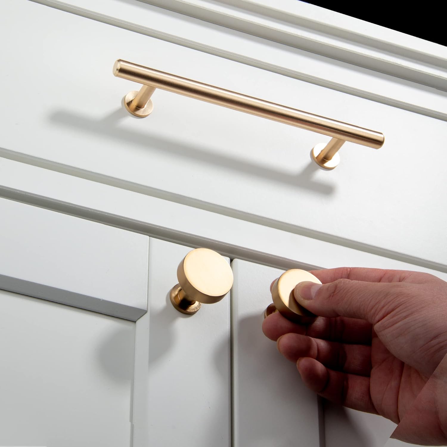 TUNNY 10 Pack Round Single Hole Cabinet Knob Solid-Brushed Brass Dresser Knobs Drawer Knobs Simple Cabinet Hardware for Cupboard Drawer Pulls