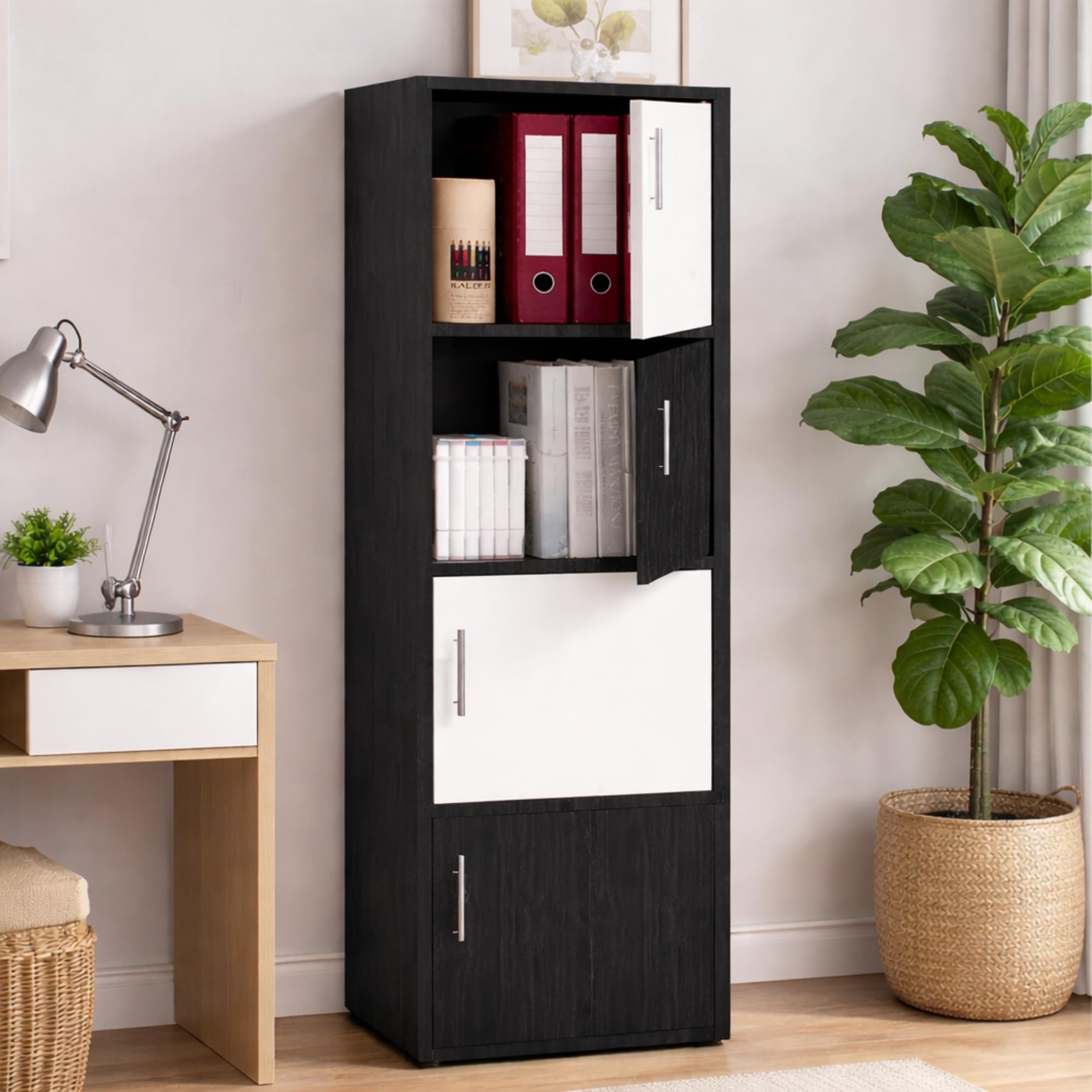 Callas Wooden Book Rack | Multi-Compartment Storage Cabinet | Space-Saving Vertical Bookshelf with Doors | Durable & Sturdy Organizer for Home & Office (Black, 4 Tier)