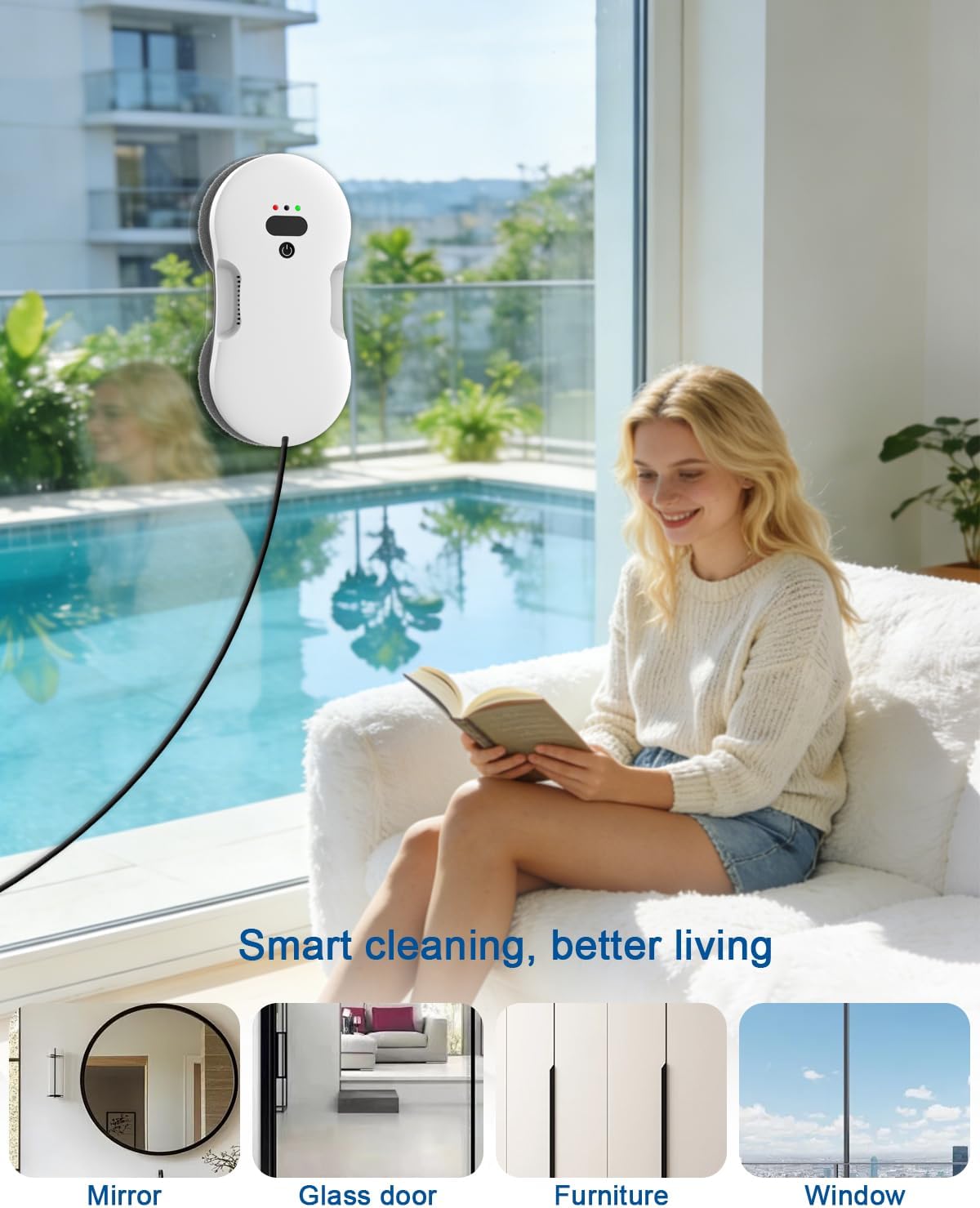Window Cleaning Robot, Automatic Window Cleaner Robot with Dual Spray, Edge Detection, Intelligent Path Planning, 3000pa Strong Suction, Anti-Drop Protection for Glass