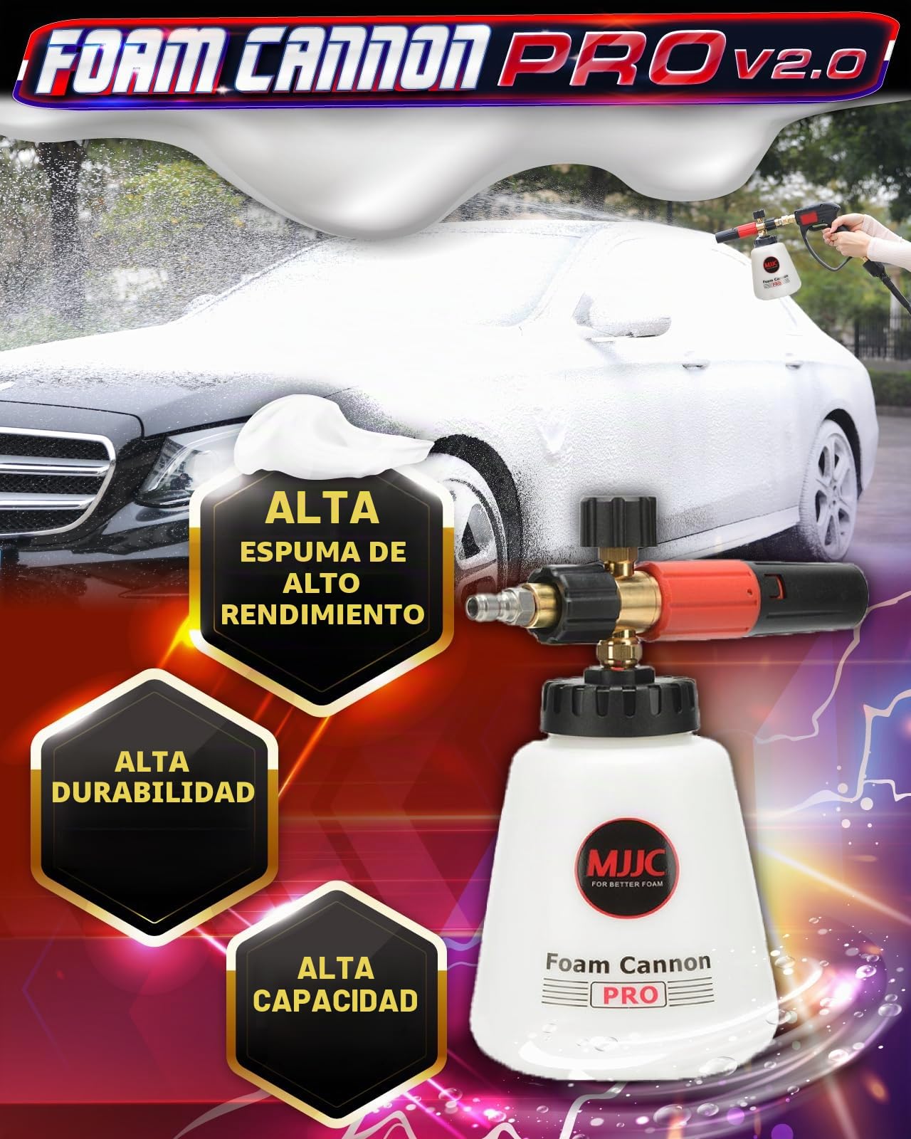 MJJC Foam Cannon Pro V2.0 (tecnología de espuma de nieve más gruesa) con conector rápido de 6,35 mm para hidrolimpiadora, botella de 1,18 L (Pro V2.0 (conector rápido de 6,35 mm) + muestra de JABÓN)