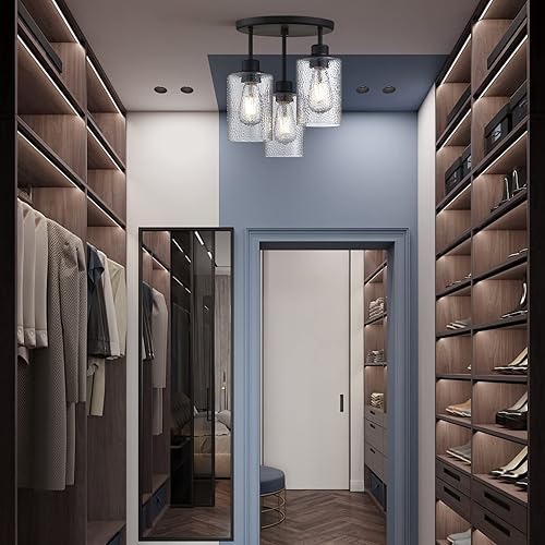 Miniatura 3 de Lámpara de techo colgante de vidrio de grano de agua industrial de 3 luces, montaje semiempotrado, acabado negro mate, dormitorio, pasillo, comedor,