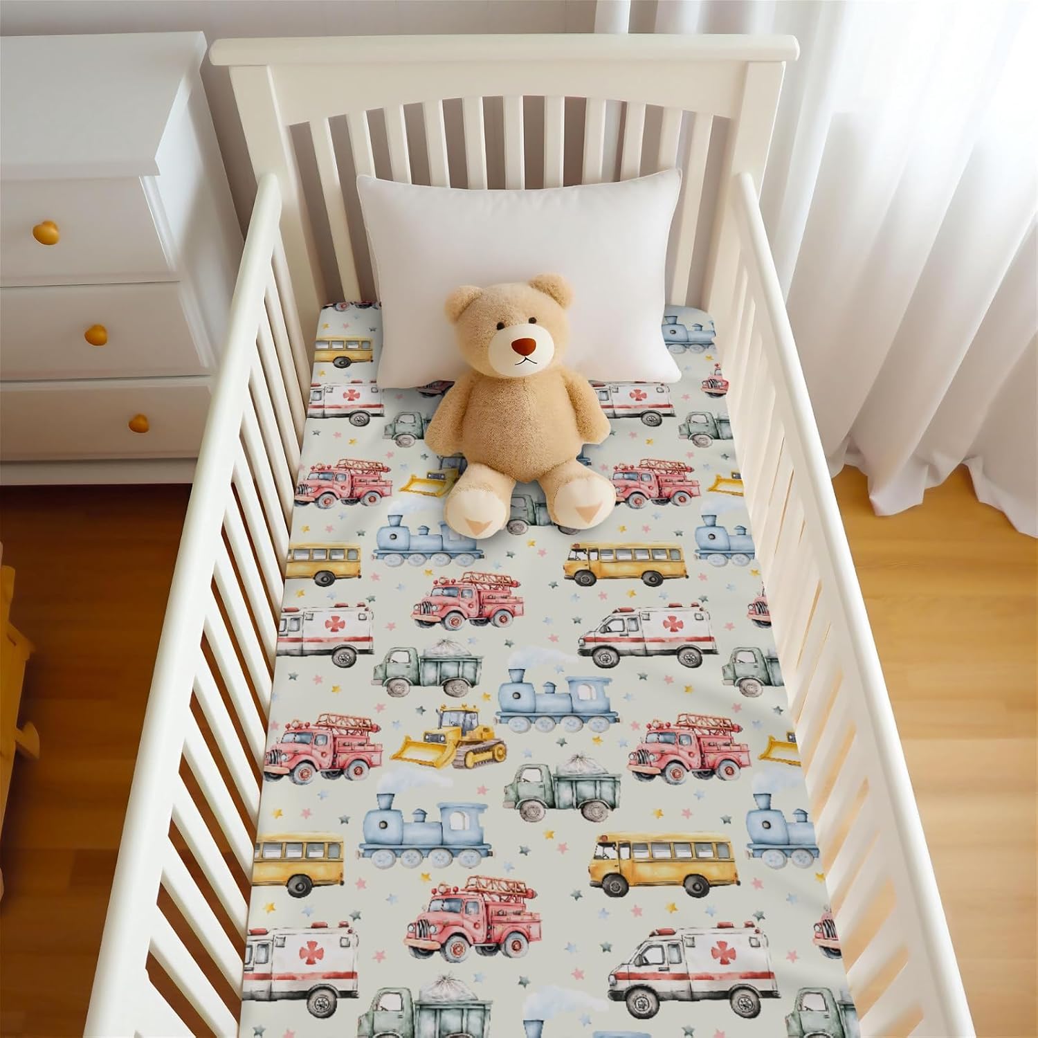 Cute Firetrucks Train Excavator Bus Garbage Truck Ambulance Baby Crib Sheet for Boys & Girls 28"x52" Breathable Transportation Vehicles Stars Fitted Crib Sheet Fits Standard Cribs Mattress
