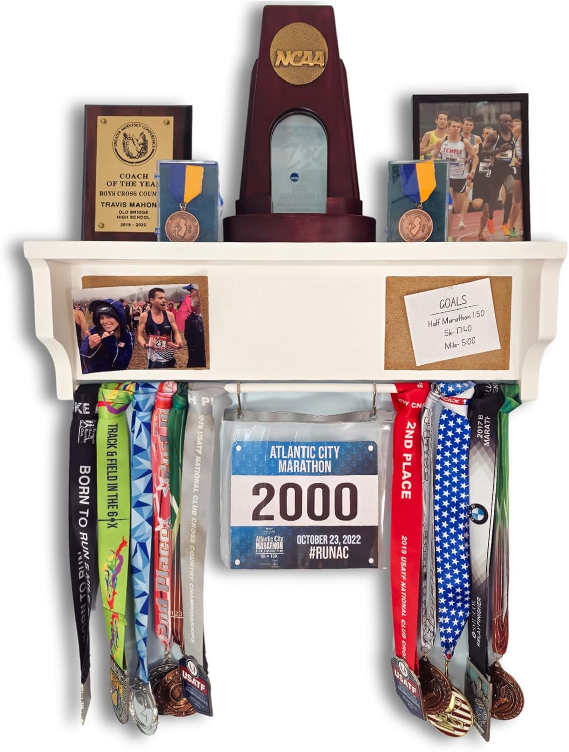 All-in-1 Medal Award Display - 23" Trophy Shelf, Bib Hanger, Plaque, Picture, Race Photo and Lanyard Medals. Patented Groove Design (White)
