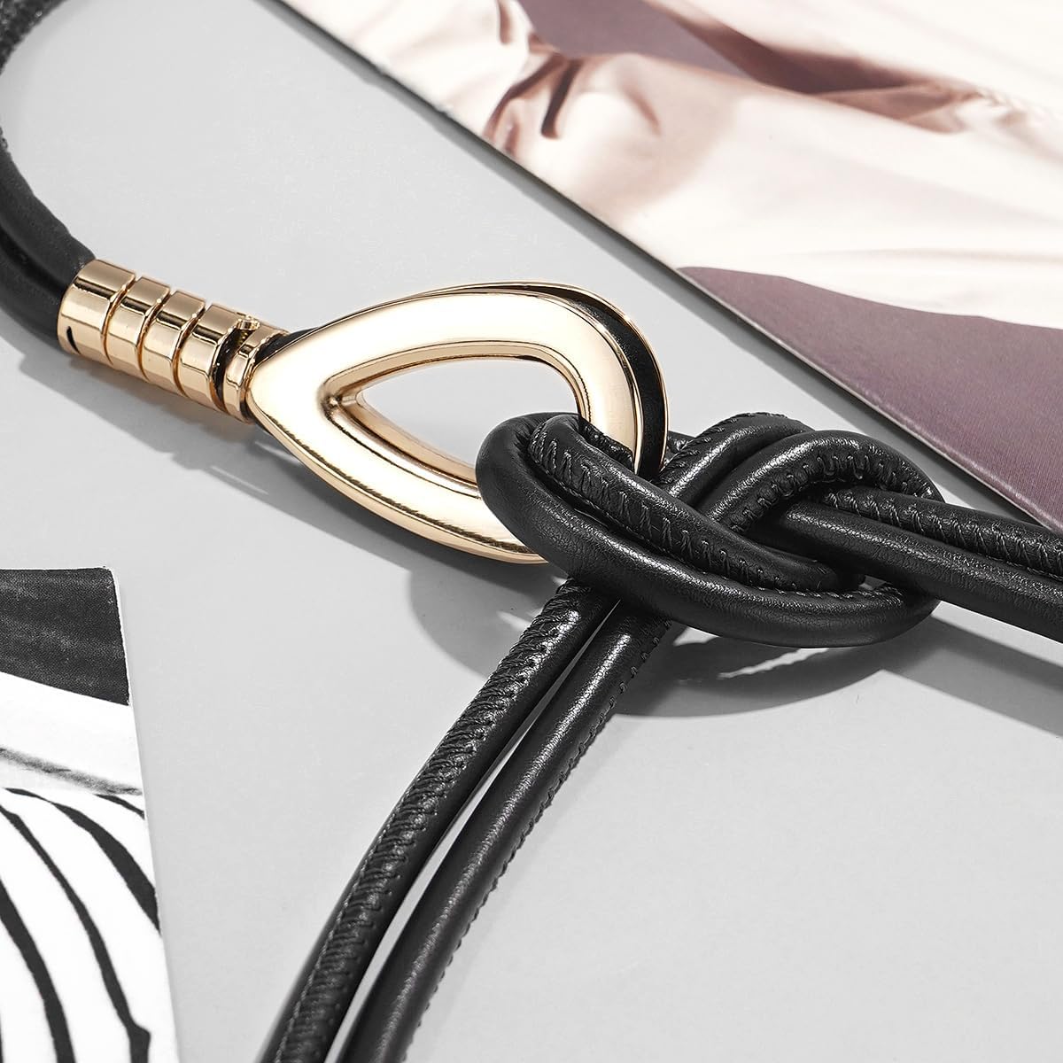 Women Knotted Waist Belt PU Leather Skinny Belts Gold Buckle Thin Belts for Dresses - Image 7