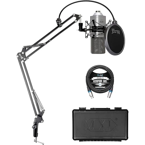 MXL 770 Cardioid Condenser Microphone for Piano, Guitar, String Instruments, and Vocal Recording (Silver) Bundle with Blucoil Boom Arm Plus Pop Filter, and 10-FT Balanced XLR Cable