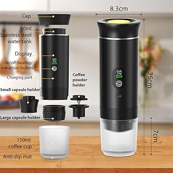 Cafetera 3 en 1 con batería, portátil con pantalla, compatible con cápsulas Nespresso y café en polvo, fría y caliente, recargable, para camping, para viajes y coches2