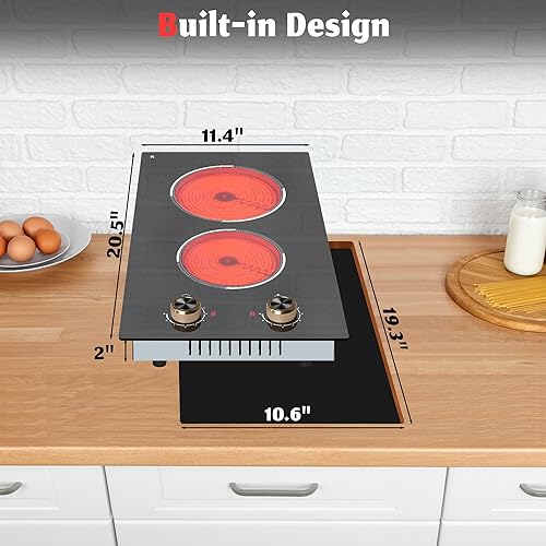 Miniatura 7 de Estufa eléctrica de 2 quemadores, estufa eléctrica integrada y encimera de 12 pulgadas, encimera de cerámica con control de perilla, 9 niveles de