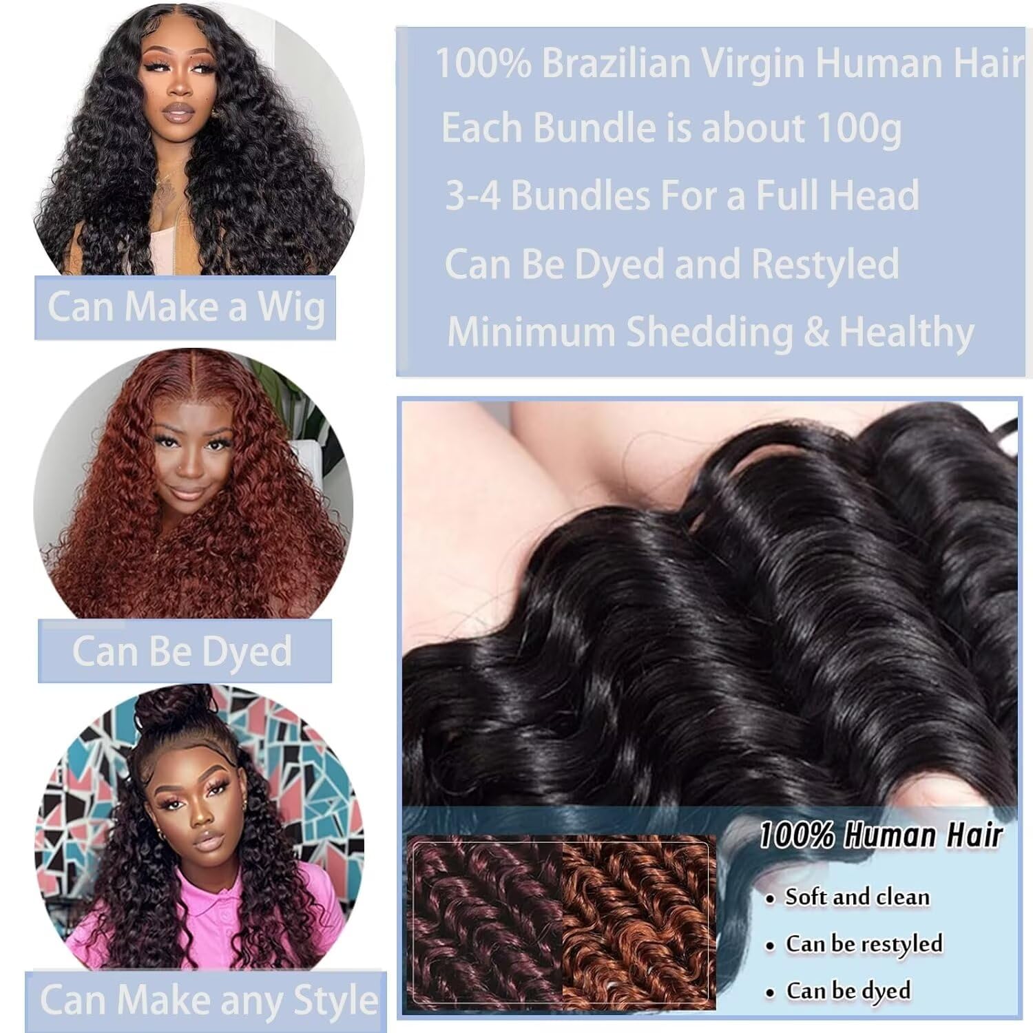 Qunatuma Human Hair Curly Deep Wave Bundles 12A 100% Unprocessed Brazilian Virgin Weave 3 Bundles 18-22 Inch Black Wig - Image 4