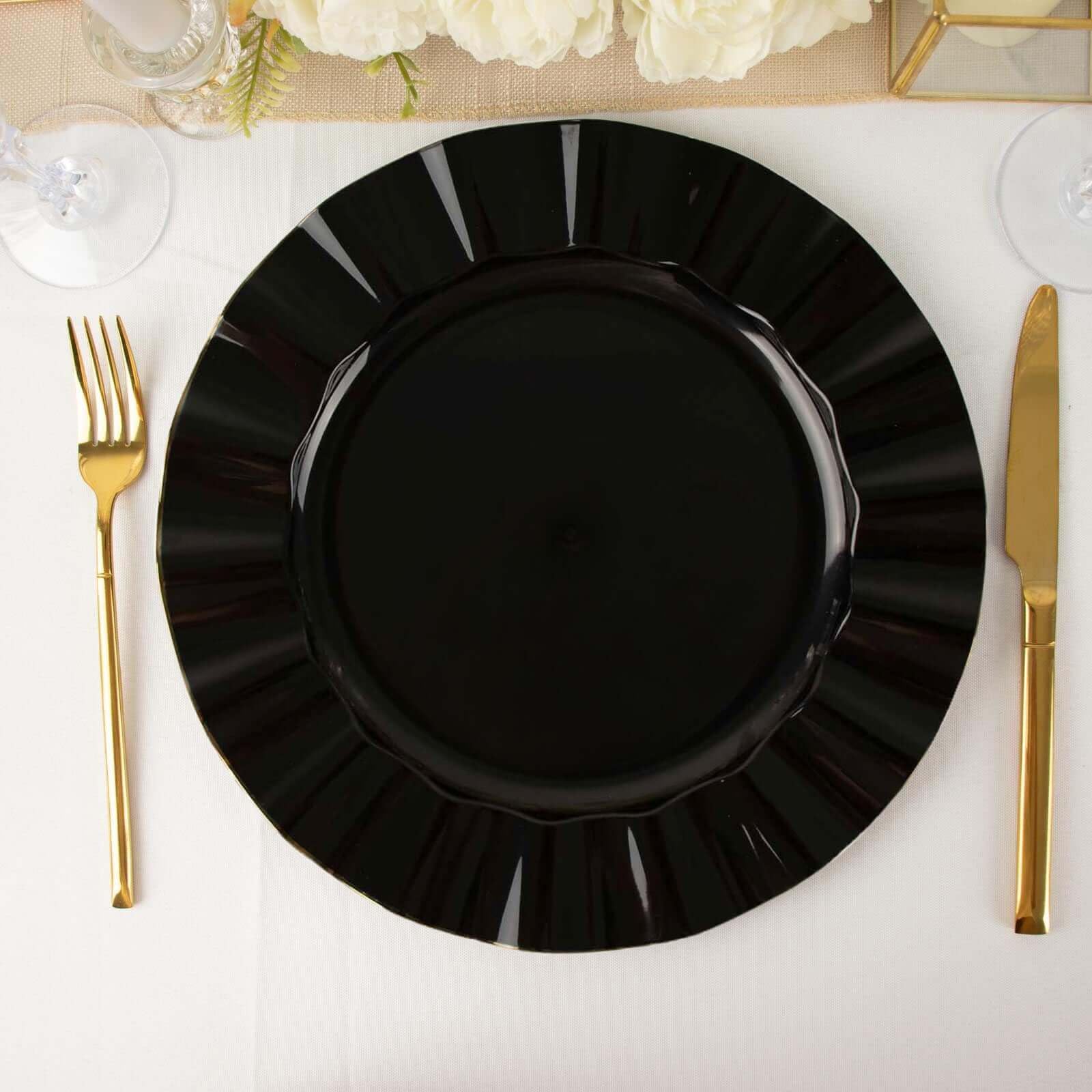 Efavormart 11" Dinner Plates – Set of 10 Plastic Black Round Disposable Plates with Gold Ruffled Rim – Elegant Tableware for Wedding Receptions, Dinner Parties, Holiday Events, and Catering