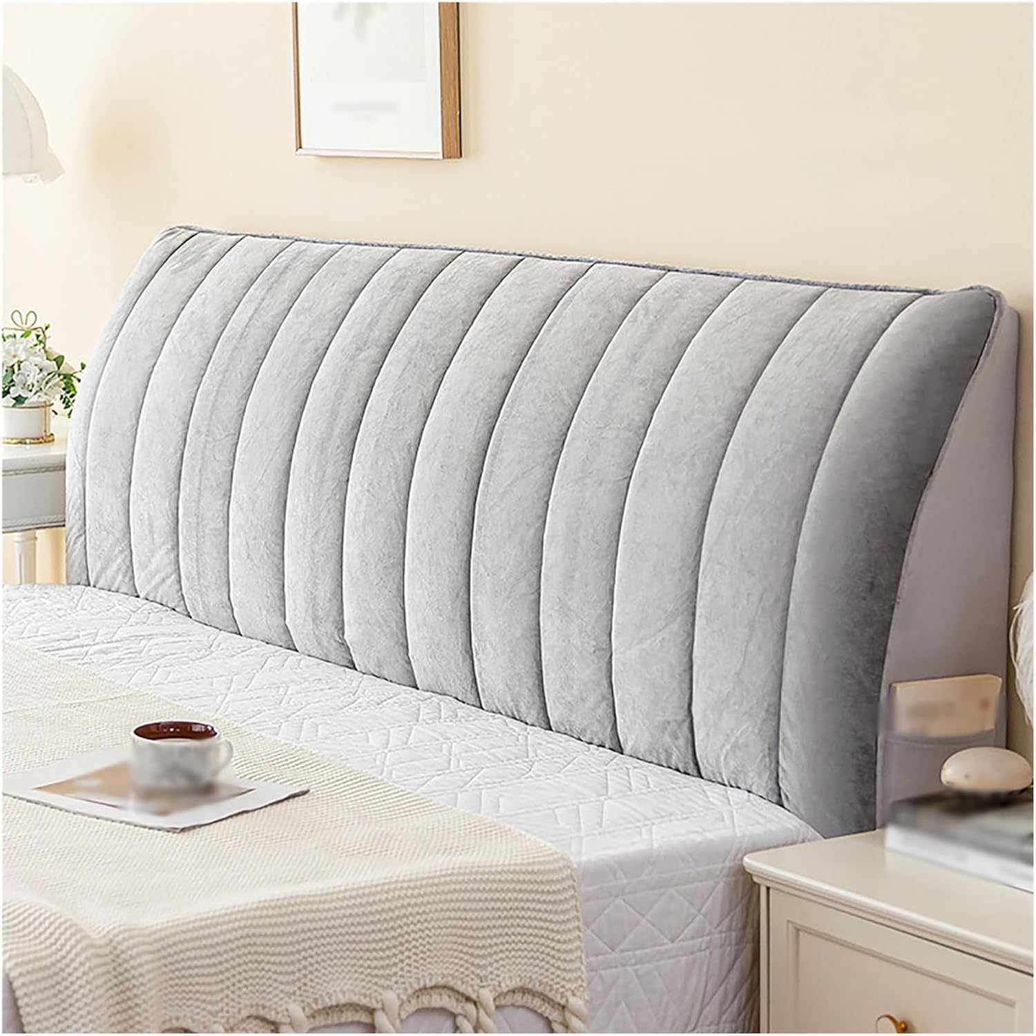 Stretch Velvet Headboard Cover,Bed Headboard Cover Full Queen King Size,Solid Color Quilted Thickened Bed Headboard Slipcover, Headboard Padding Protector Cover(Gray,62.9in)