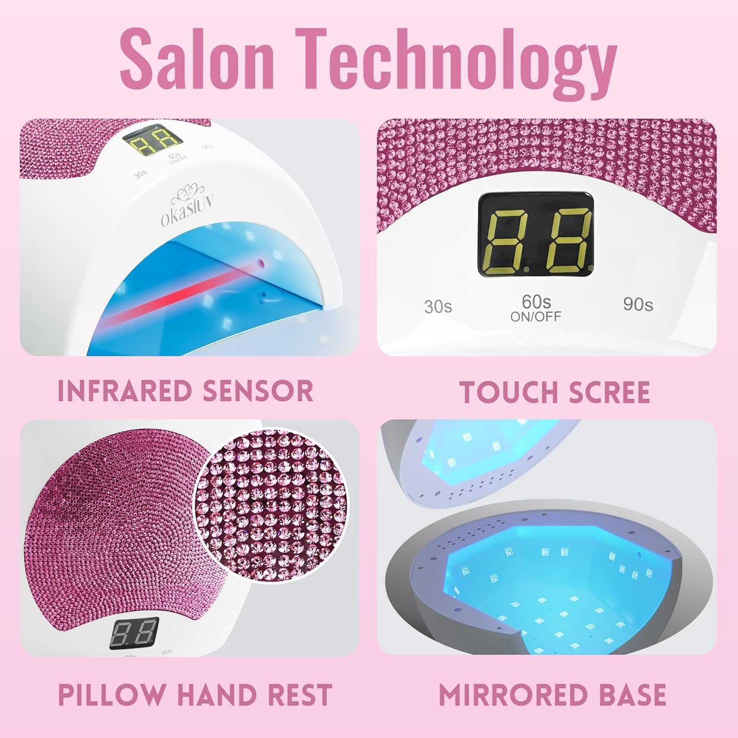 Rechargeable UV LED Nail Lamp with Diamond Design & Touch Control - 3 Timer Settings, Fast Curing for All Gel Polishes, Portable UV Nail Dryer for Professional Salon & Home