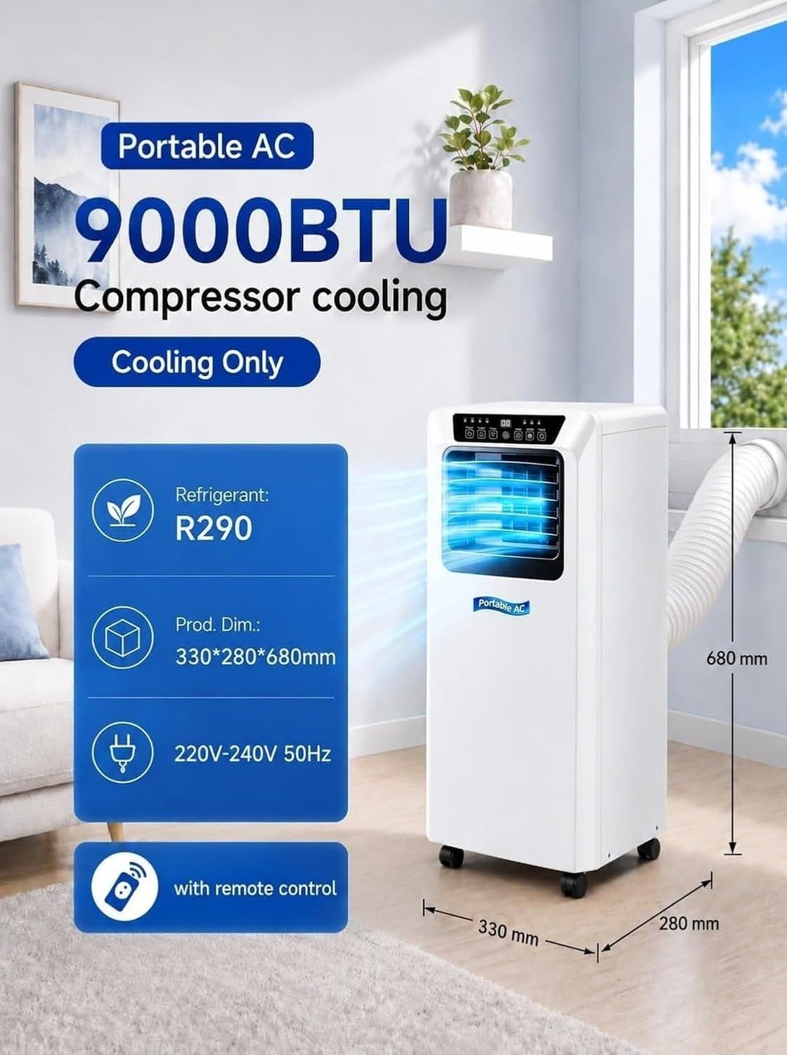 Condizionatore Portatile 7000 BTU, Raffredda Fino a 20 m², unità AC Silenziosa con Deumidificatore, modalità Ventola, Telecomando, Timer 24h, per Casa Ufficio e, (9000btu), (9000BTU)