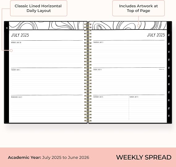 Blue Sky Idlewild 2025-2026 Weekly and Monthly Academic Year Planner Calendar, July 2025 - June 2026, 8.5 x 11, Flexible Cover, Wirebound, Laminated Tabs, Storage Pocket, Black Swirl