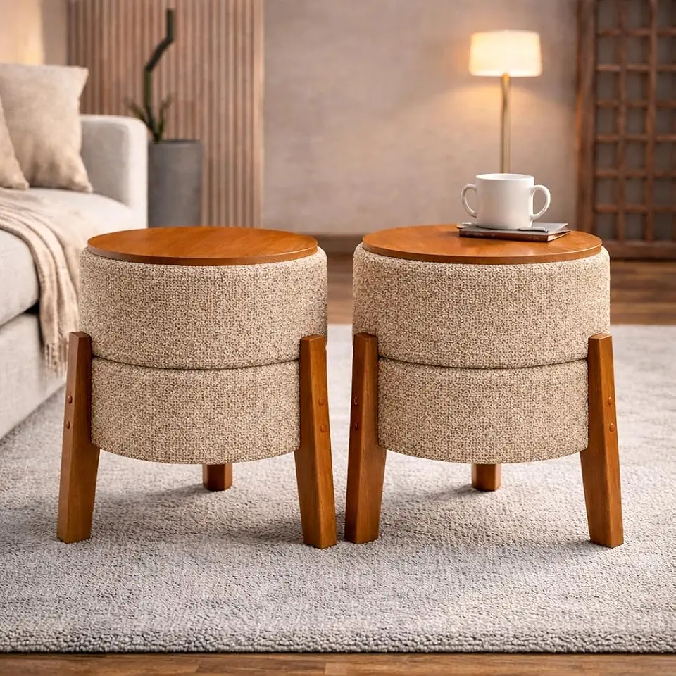 Kit 2 Puff Banqueta Redondo Multiuso 2 em 1 Banco Pufe Assento Macio em Tecido Boucle Decorativo para Sala Escritório Apartamento Soft Pés em Madeira Maciça Versa 48x38cm