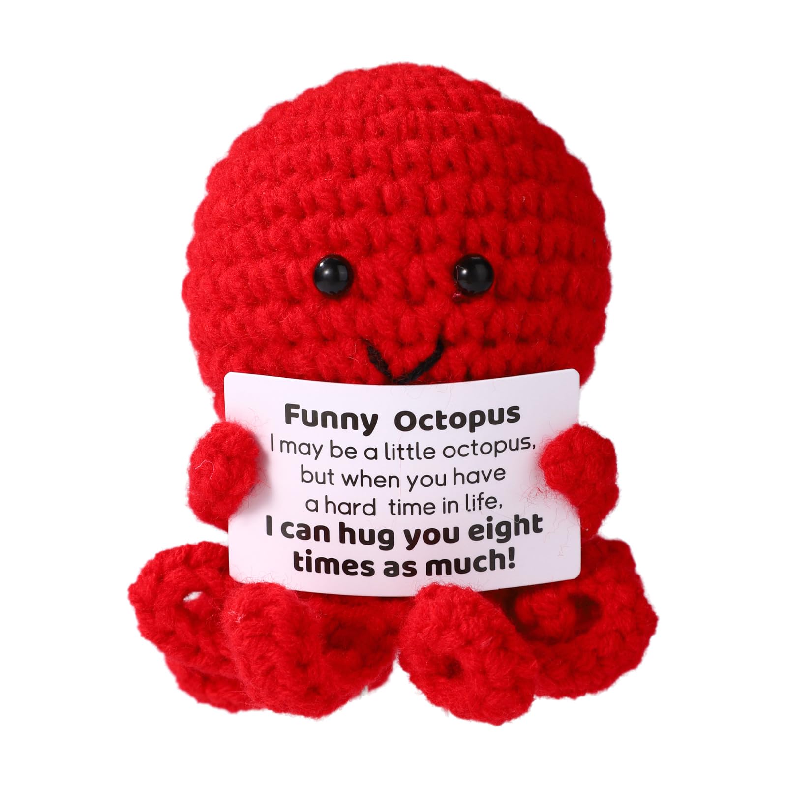 TOYMIS Positive Crochet Octopus, Funny Crochet Animals Emotional Plush with Positive Card Support Cute Knitted Doll Octopus Perfect Cheer Up Gifts and Decorations for Home Office Party Favors(Red)