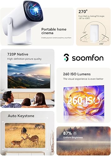Vista 2 de SOOMFON Mini proyector 1080P Soporte – Proyector portátil de película de video pequeño Bluetooth 5.1 Auto Keystone enfoque eléctrico