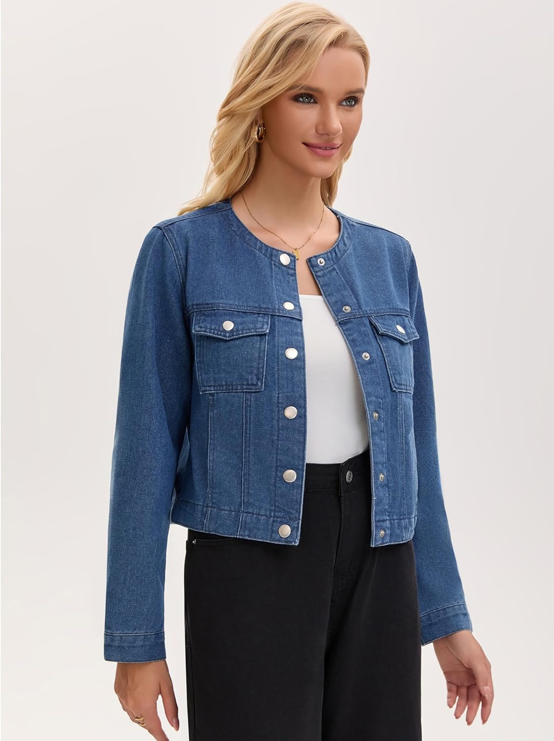 Womens Denim Jacket Spring Button Down Long Sleeve Collarless Cropped Jean Jackets - Image 2