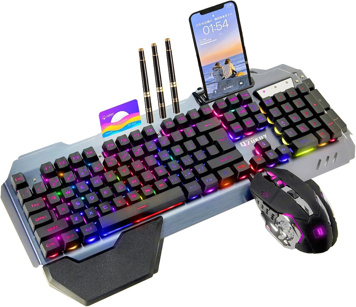 RGB Backlit Gaming Keyboard and Mouse Set – 16 Lighting Modes, 2400DPI 4-Button Optical Mouse, Mouse Pad & Phone Holder – Ergonomic Wrist Support – Black