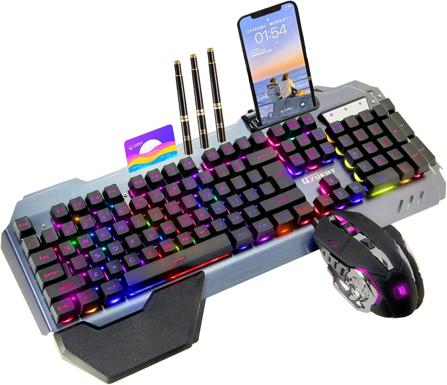 RGB Backlit Gaming Keyboard and Mouse Set – 16 Lighting Modes, 2400DPI 4-Button Optical Mouse, Mouse Pad & Phone Holder – Ergonomic Wrist Support – Black