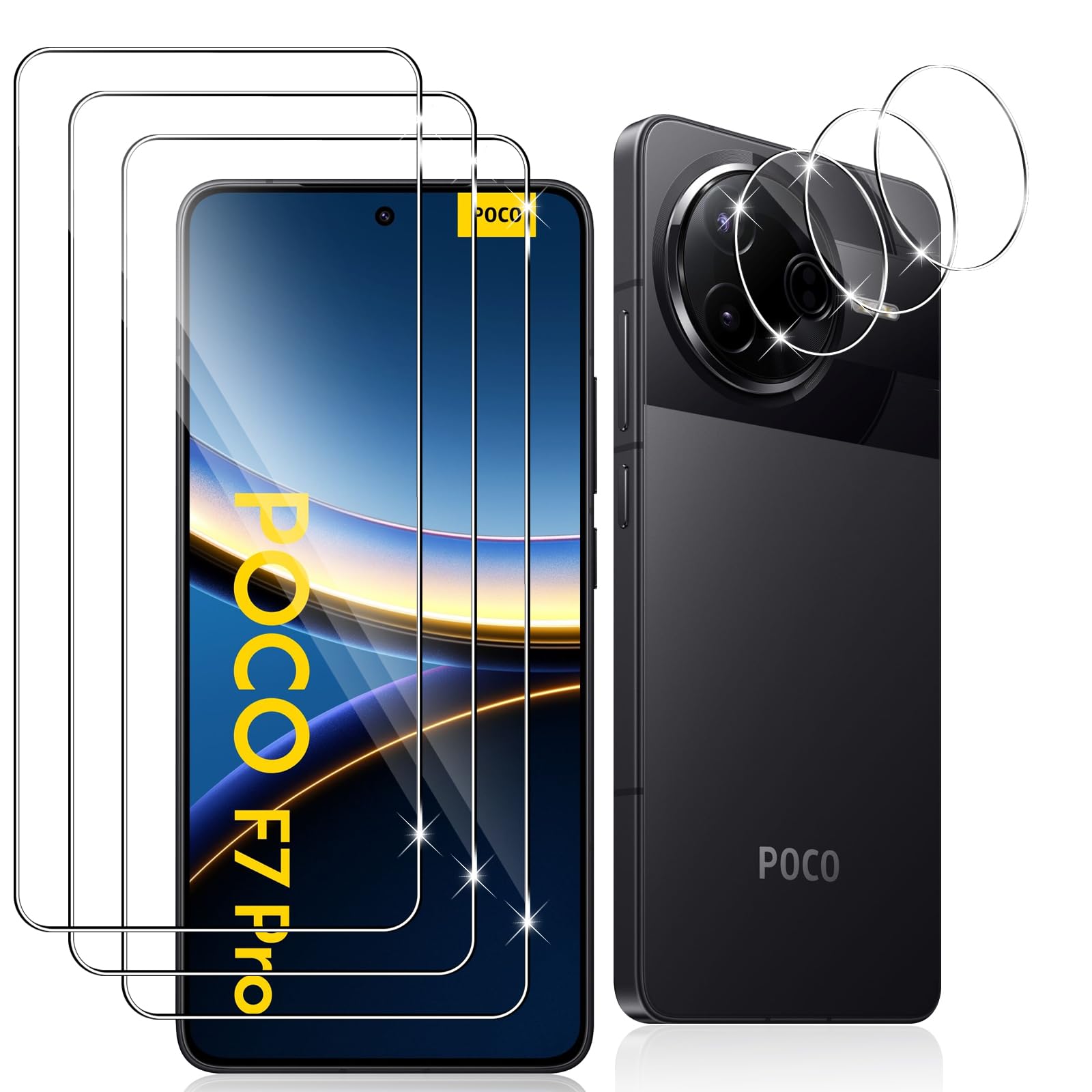 Datree 3 Stück für Panzerglas für Xiaomi Poco F7 Pro/Poco F7 Ultra und 3 Stück Kameraschutz,9H Härte Hartglas, Anti-Kratz Panzerfolie, Bläschenfrei Schutzfolie, HD Displayschutz Folie