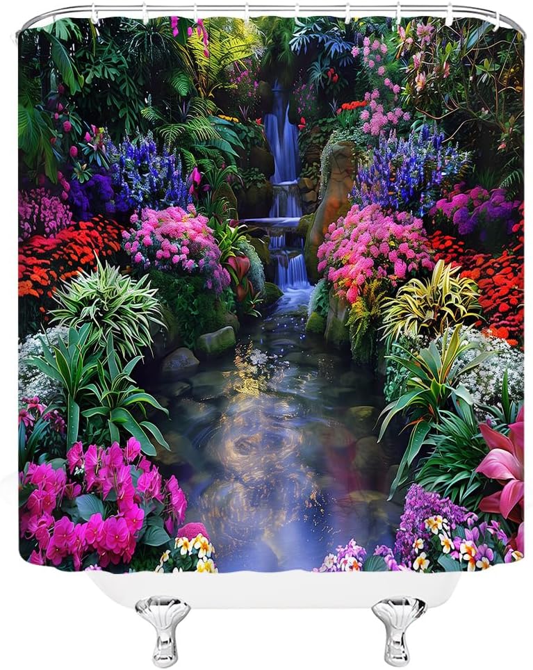Sunhe Nature Garden Shower Curtain Waterfall Colorful Floral Tropical Plant Jungle Rainforest Natural Scenery Landscape Fabric Bathroom Decor Curtain with Hooks