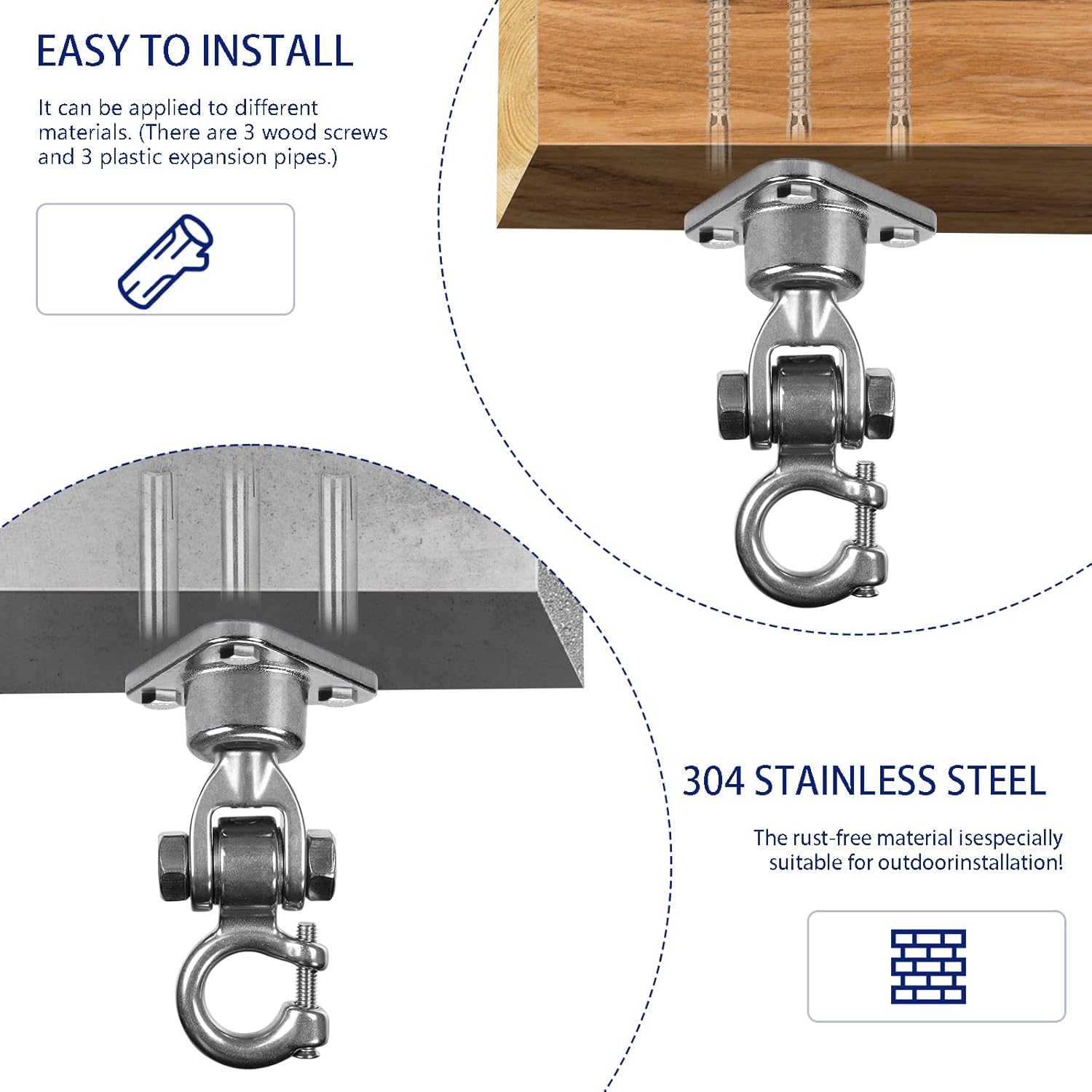 Heavy Duty Stainless Steel Swing Hanger with 360°+180°Rotation 1500LB Capacity,Triangular Fixation for Playground Hammock Chair,sandbag Porch Swing