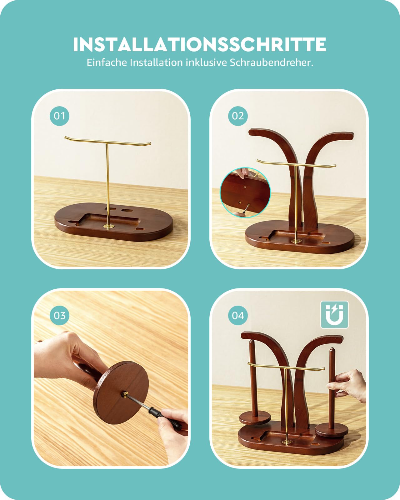 Baffect Garnhalter, magnetisch, Wollhalter aus Holz mit Strickzubehör, doppelter Garnkugelhalter für Häkelliebhaber (Braun + Gold)