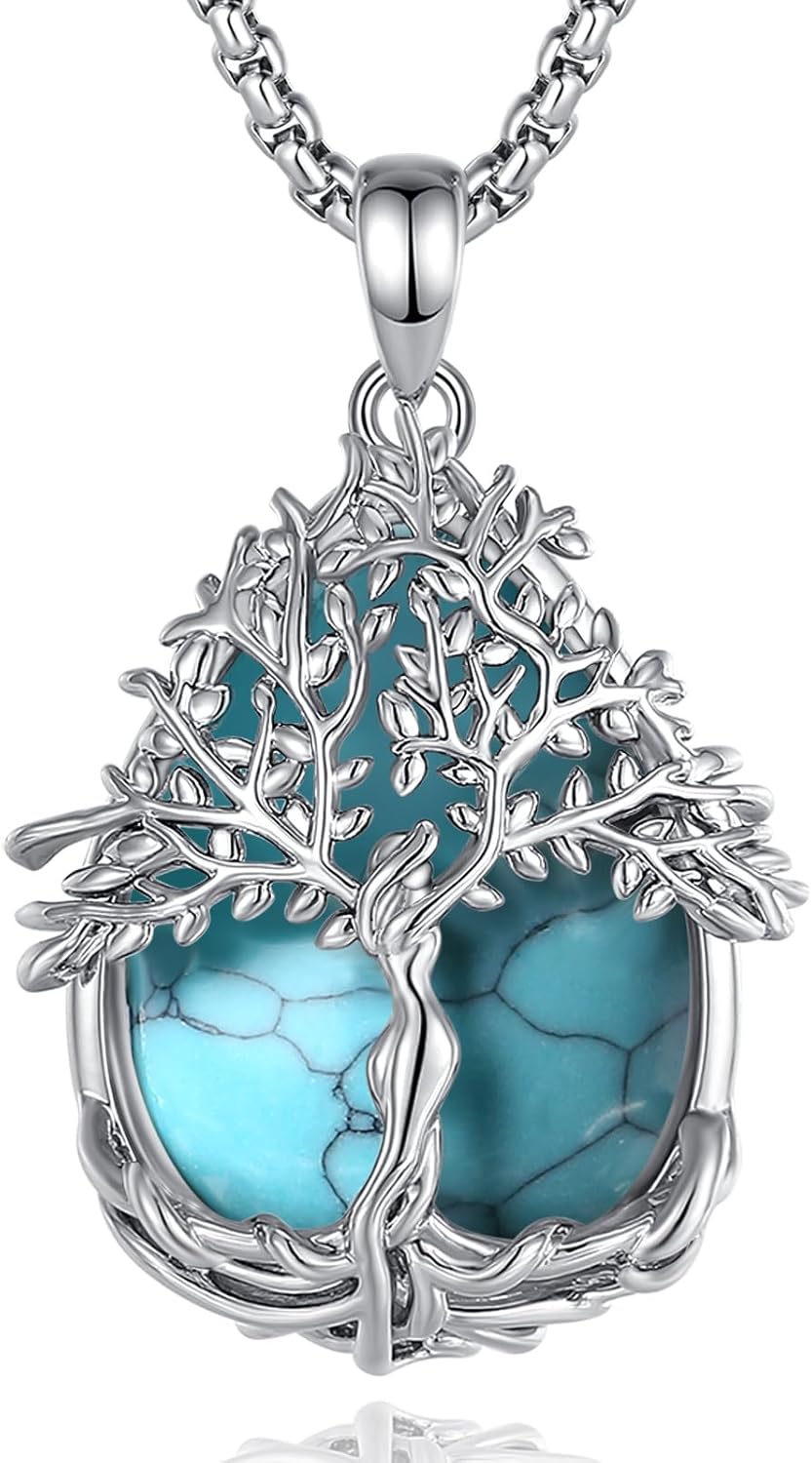 Vito Tree of Life Necklace for Women Men, Silver Plated Copper Teardrop Moonstone/Obsidian/Turquoise/Amethyst/Malachite Crystal Tree Necklace Protection Energy Amulet Jewelry Gift for Mom Wife, 20+2"
