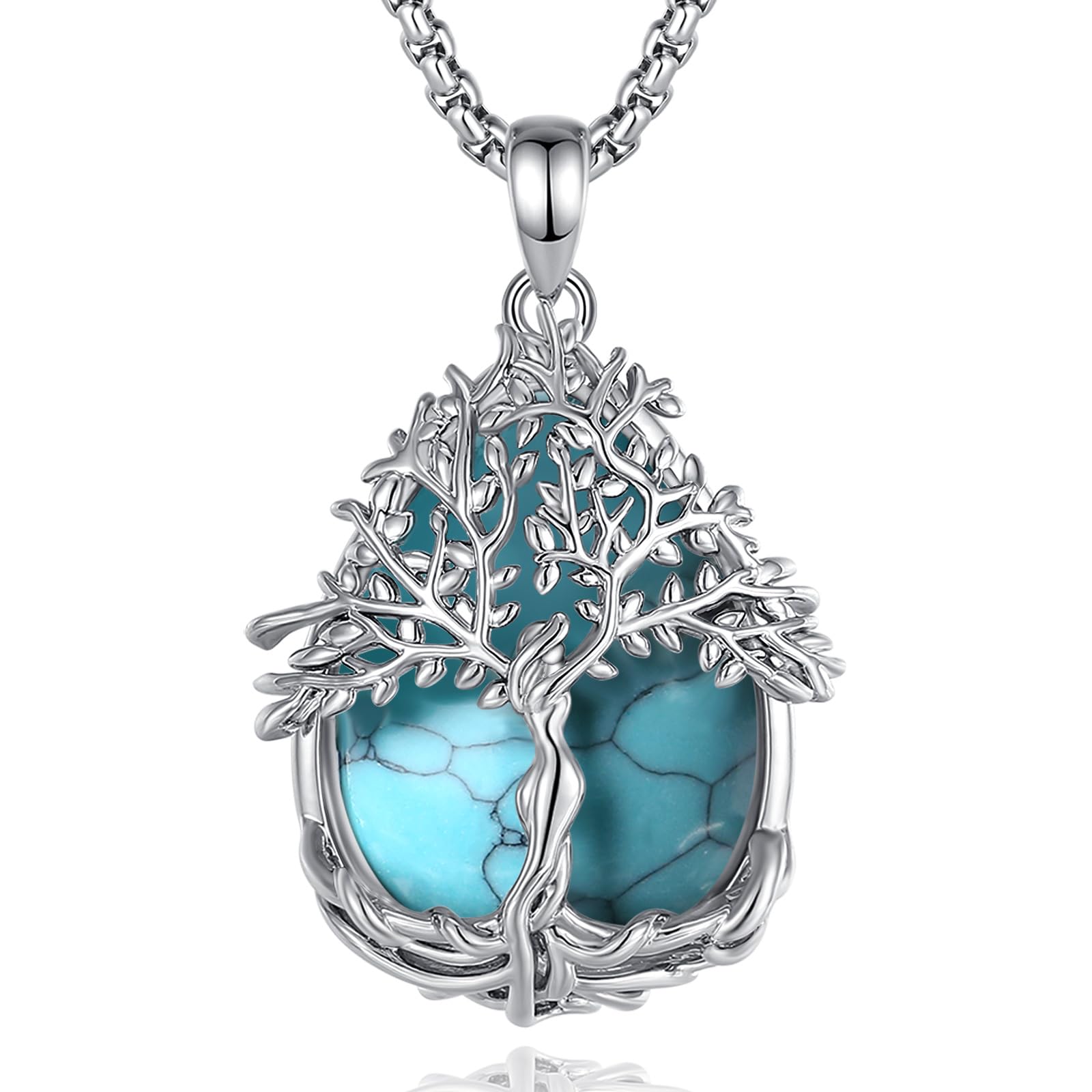 Vito Tree of Life Necklace for Women Men, Silver Plated Copper Teardrop Moonstone/Obsidian/Turquoise/Amethyst/Malachite Crystal Tree Necklace Protection Energy Amulet Jewelry Gift for Mom Wife, 20+2"