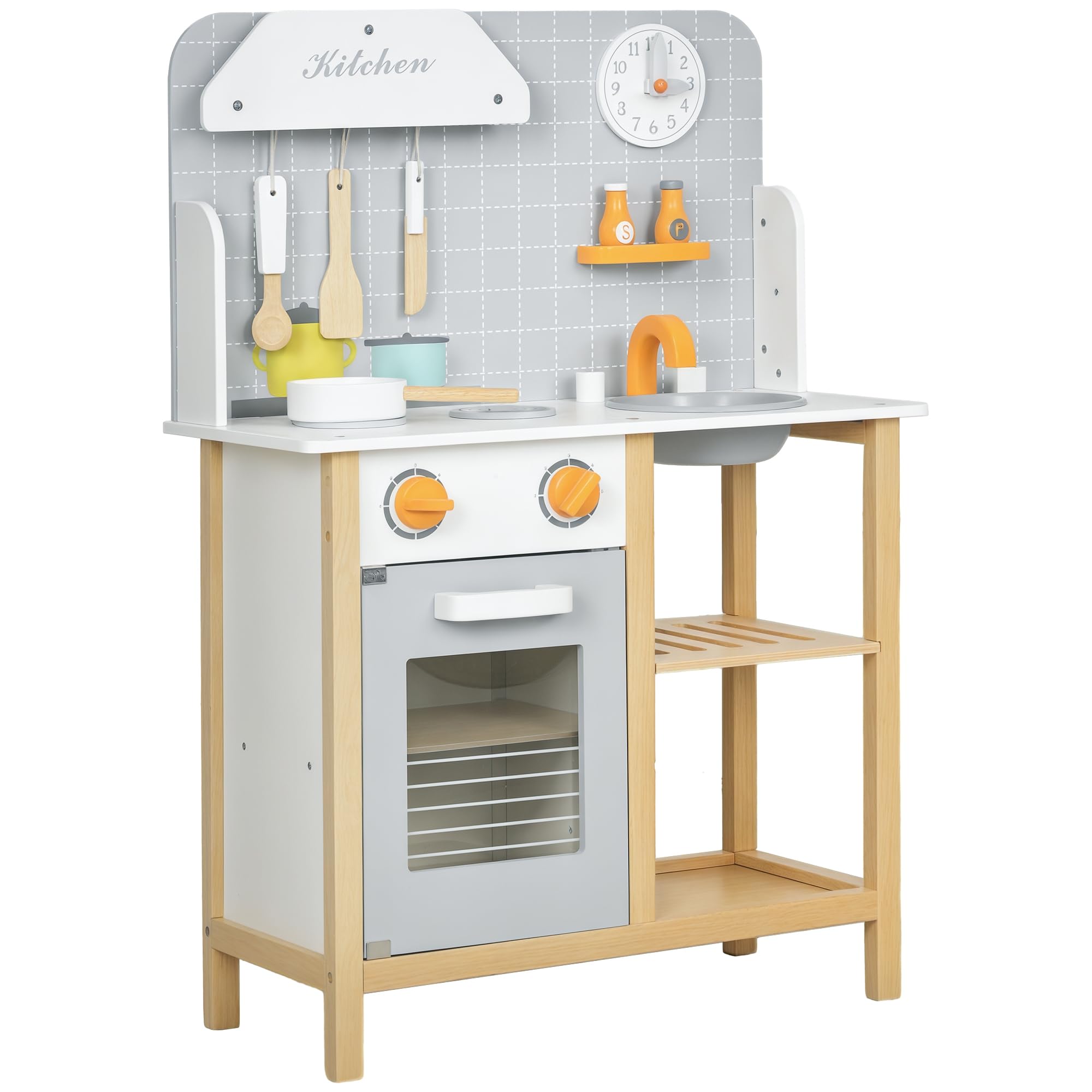 AIYAPLAY Cocina de Juguete con Sonido para Niños +3 Años 57x26x82 cm Gris | Cocinita Infantil, Cocinita de Madera Infantil, Fogón, Horno, Grifo, Fregadero, Accesorios de Cocina