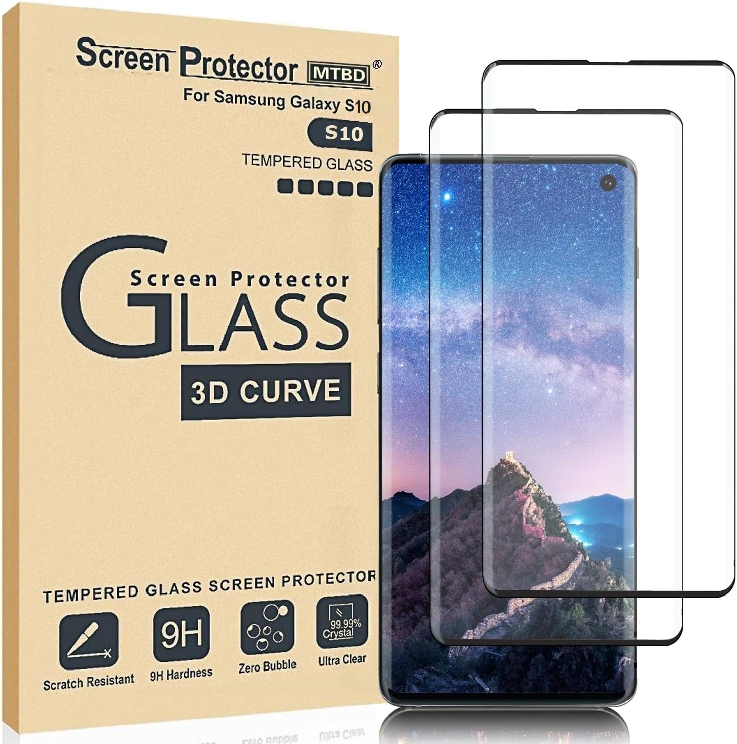 MTBD Galaxy S10 Screen Protector,Full Coverage Tempered Glass[2 Pack] [Anti-Scratch][High Definition][Designed for Ultrasonic Fingerprint] Tempered Glass Screen Protector Suitable for Galaxy S10